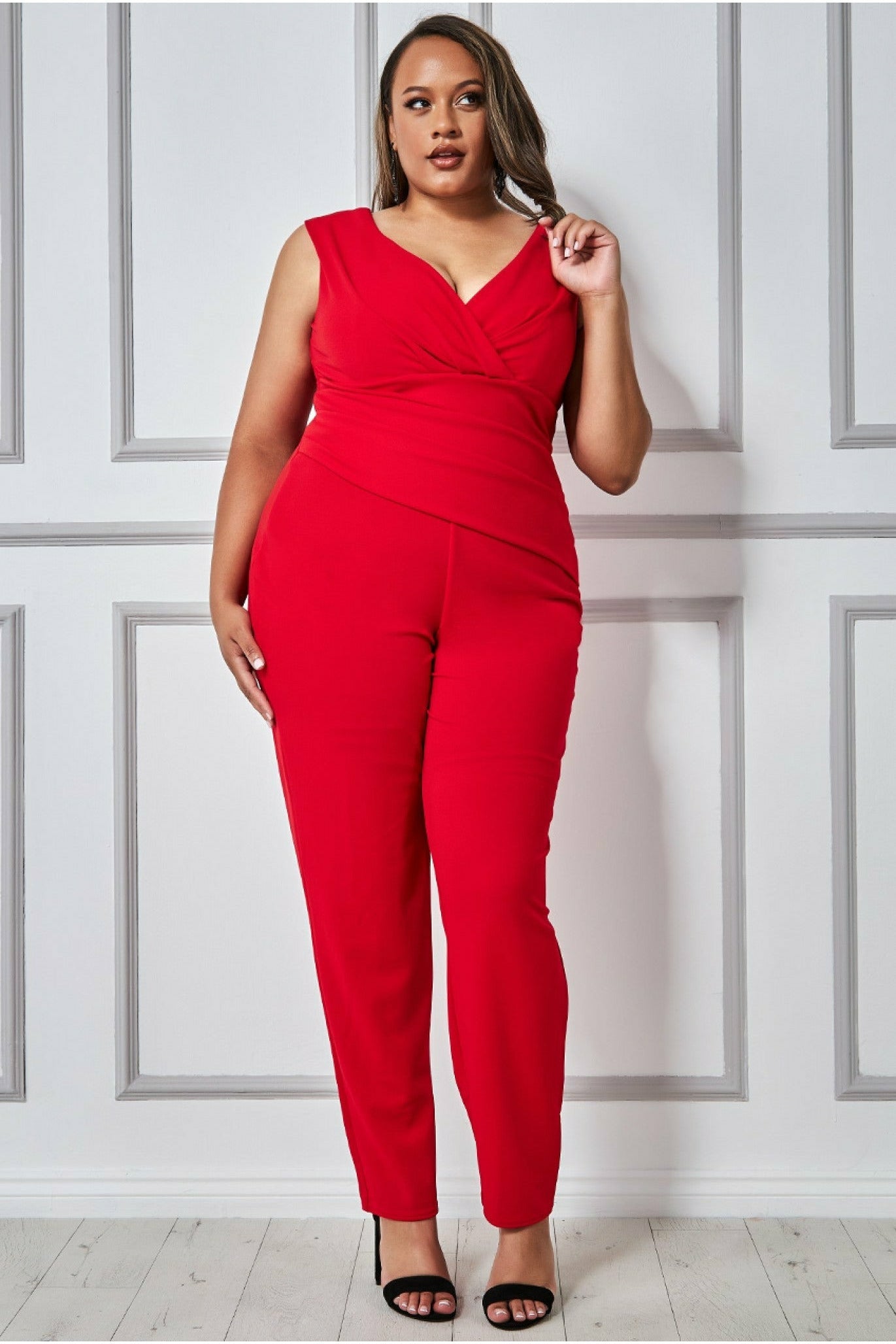 Image of Goddiva Plus Bardot Scuba Jumpsuit - Red