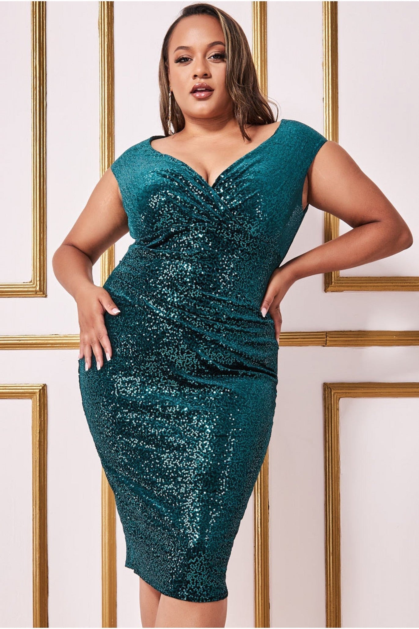 Image of Goddiva Plus Sequin & Velvet Bardot Midi - Emerald Green