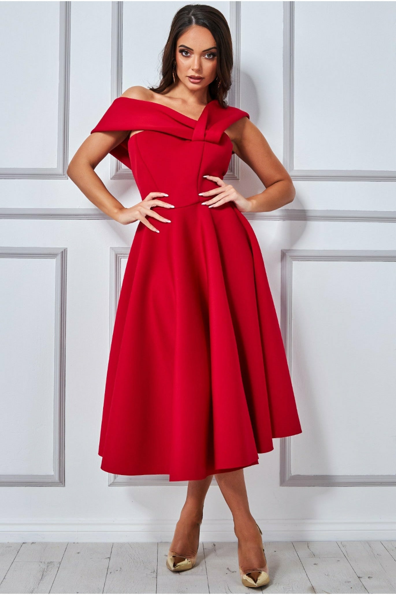 Goddiva Scuba Foam One Shoulder Midi Dress - Red