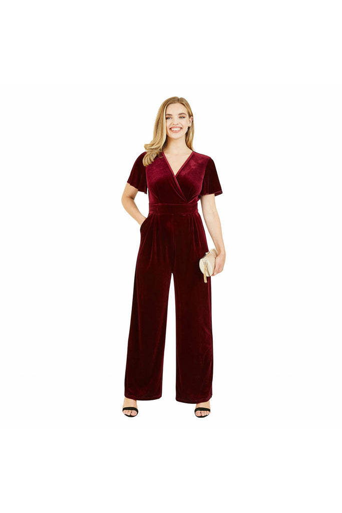 Yumi Plum Velvet Jumpsuit With Angel Sleeves – Goddiva