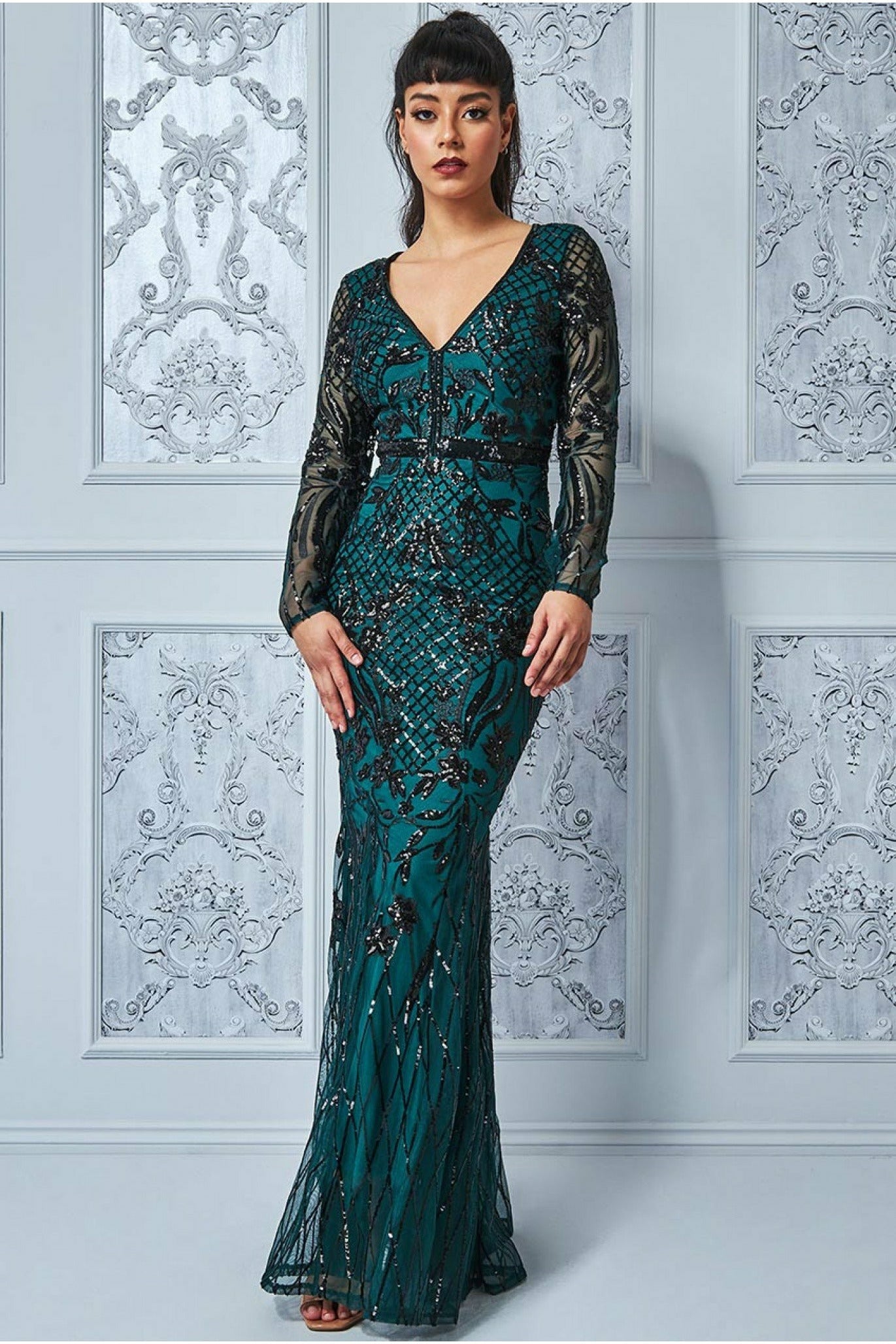 Goddiva Full Sleeve Sequin Evening Dress - Emerald