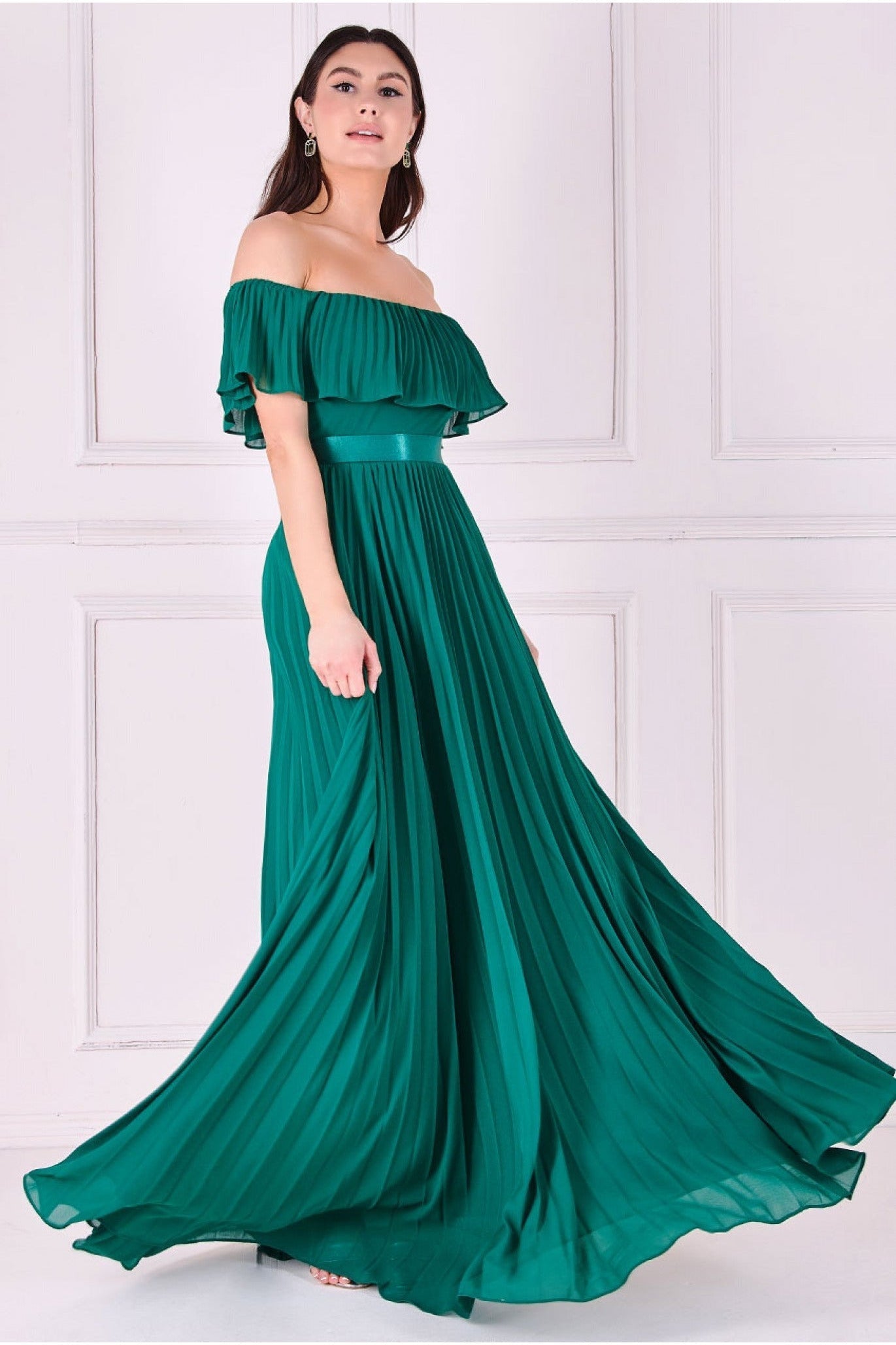 Image of Goddiva Pleated Chiffon Off Shoulder Maxi Dress - Green