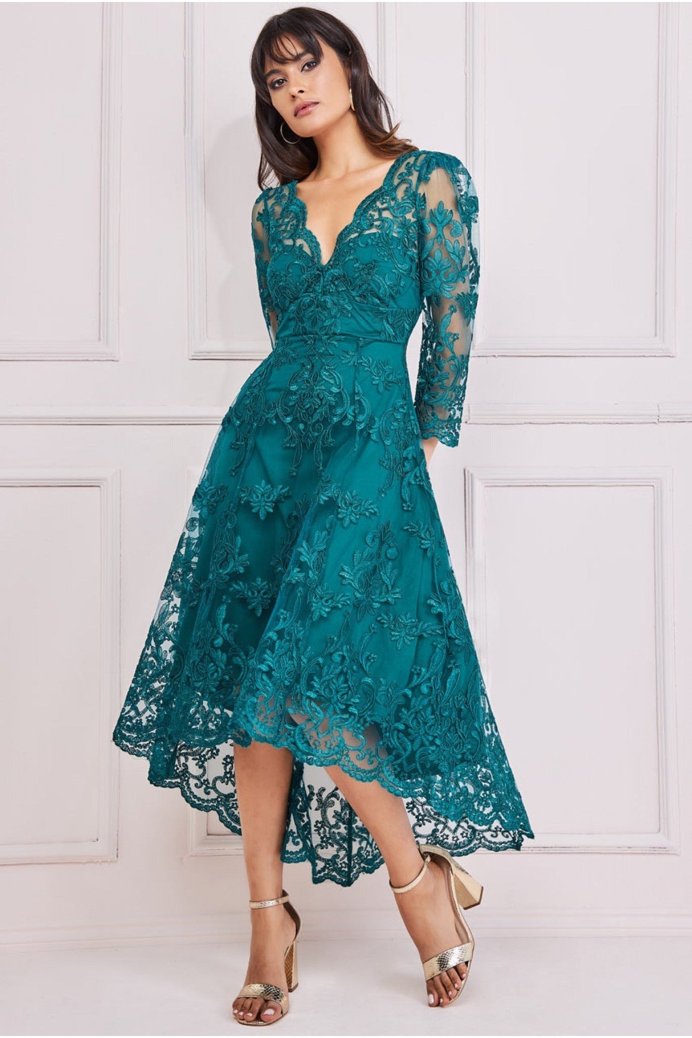 Goddiva Scalloped Lace Dipped Hem Midi Dress - Emerald