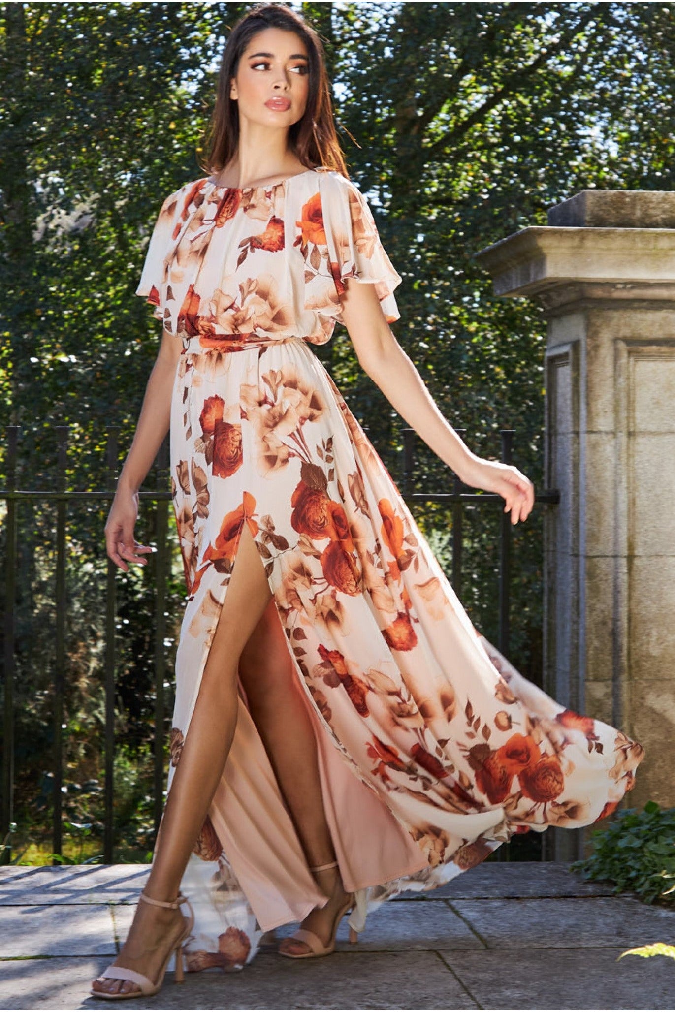 Image of Goddiva Wrap Back Flutter Sleeve Maxi Dress - Beige