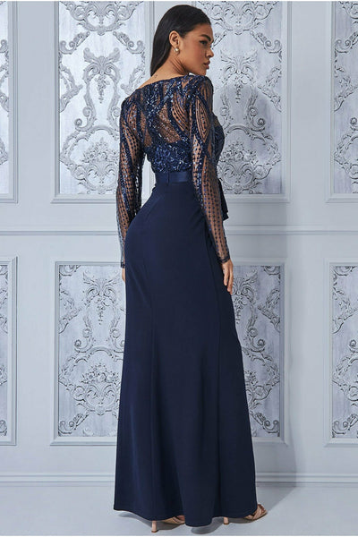 Sequin Bodice With Front Frill Maxi - Navy Goddiva