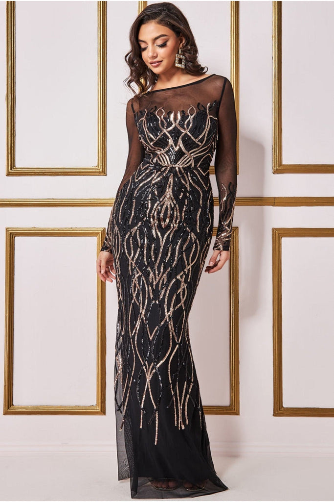 Goddiva Long Sleeve Sequin Flame Maxi Dress - Black