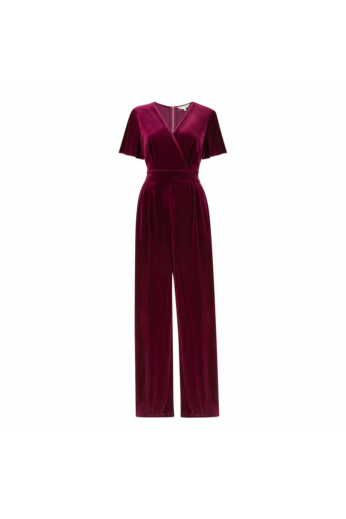 Yumi Plum Velvet Jumpsuit With Angel Sleeves – Goddiva