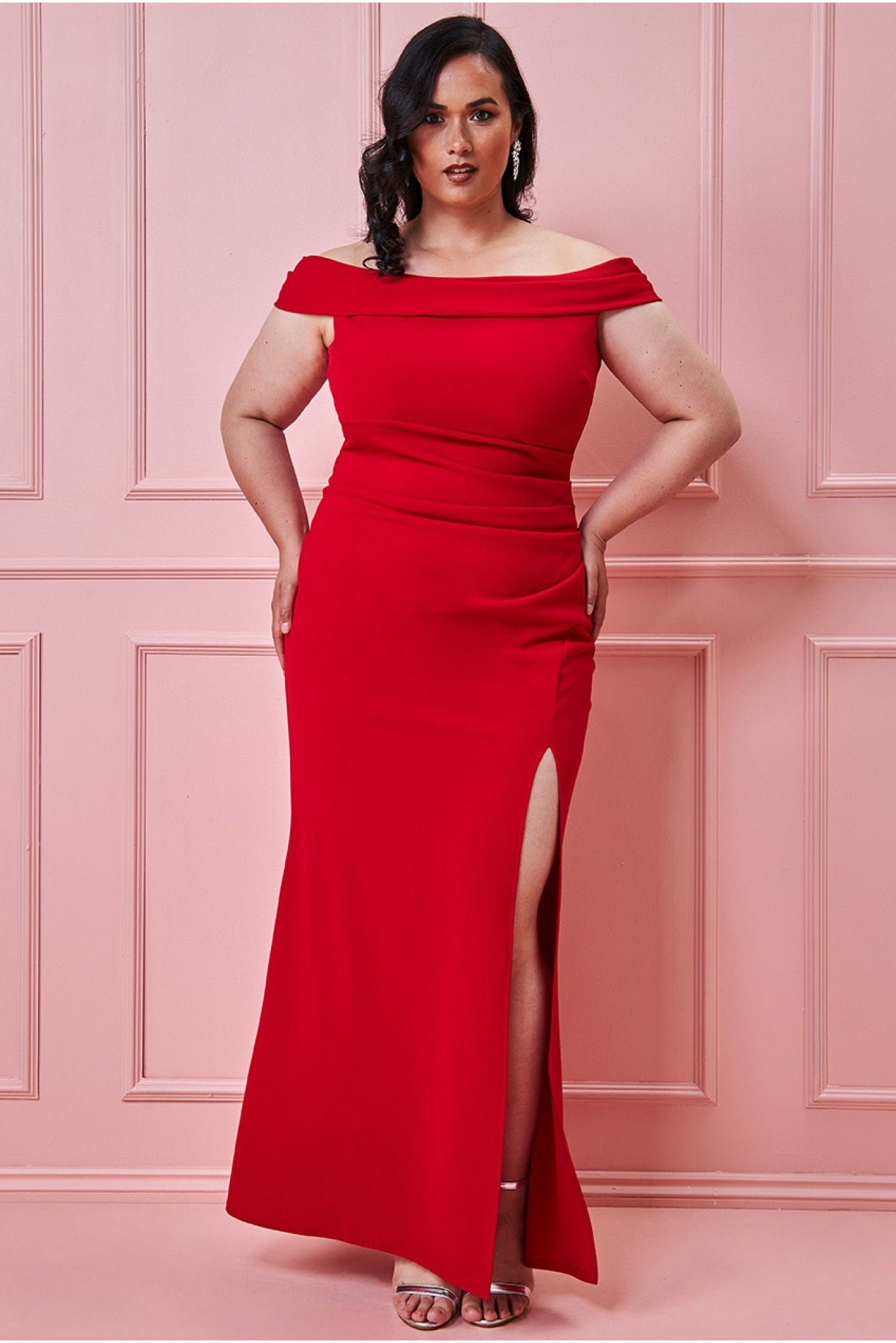 Goddiva Plus Off The Shoulder Maxi With Split - Red