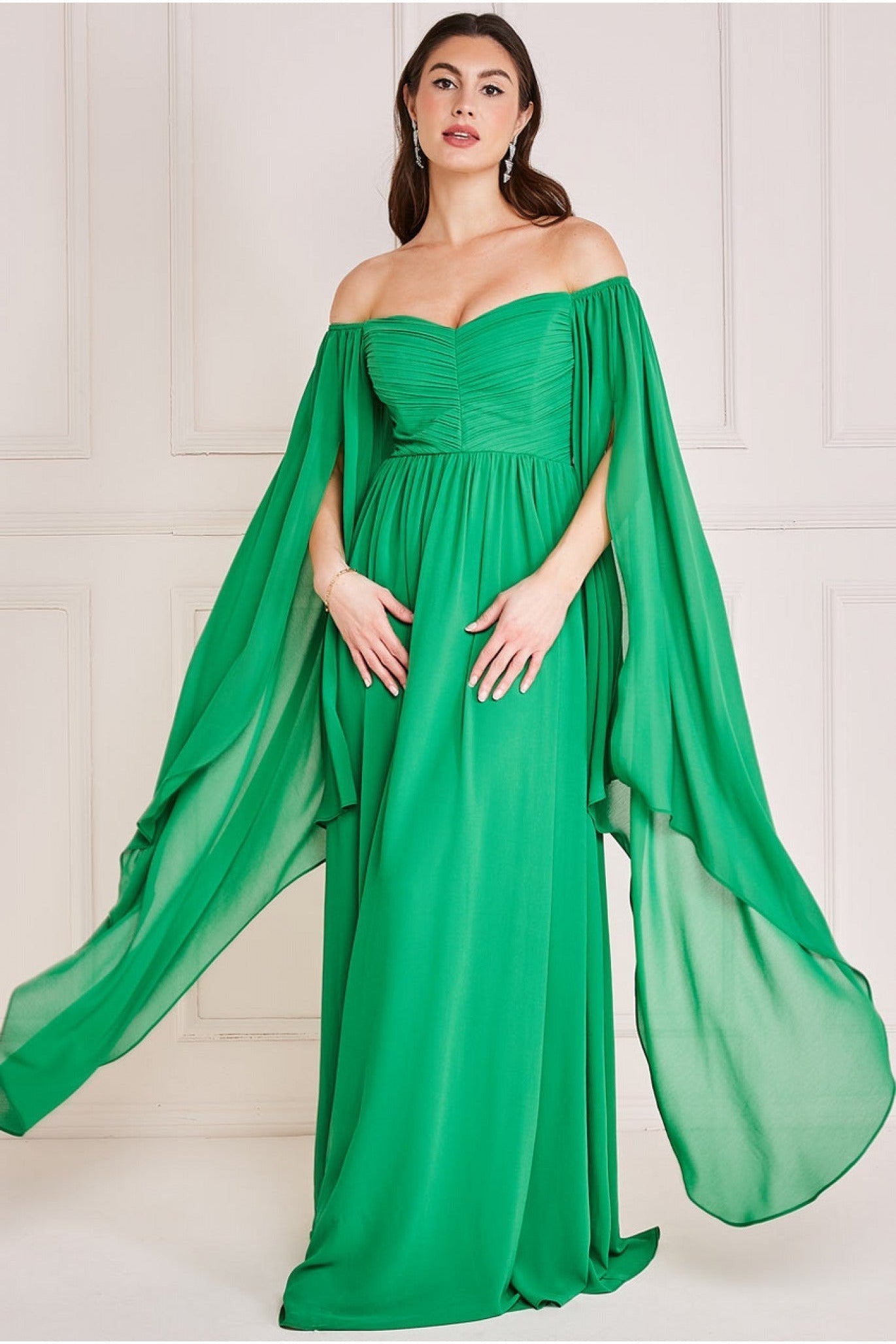 Image of Goddiva Chiffon Off The Shoulder Maxi With Wings - Green