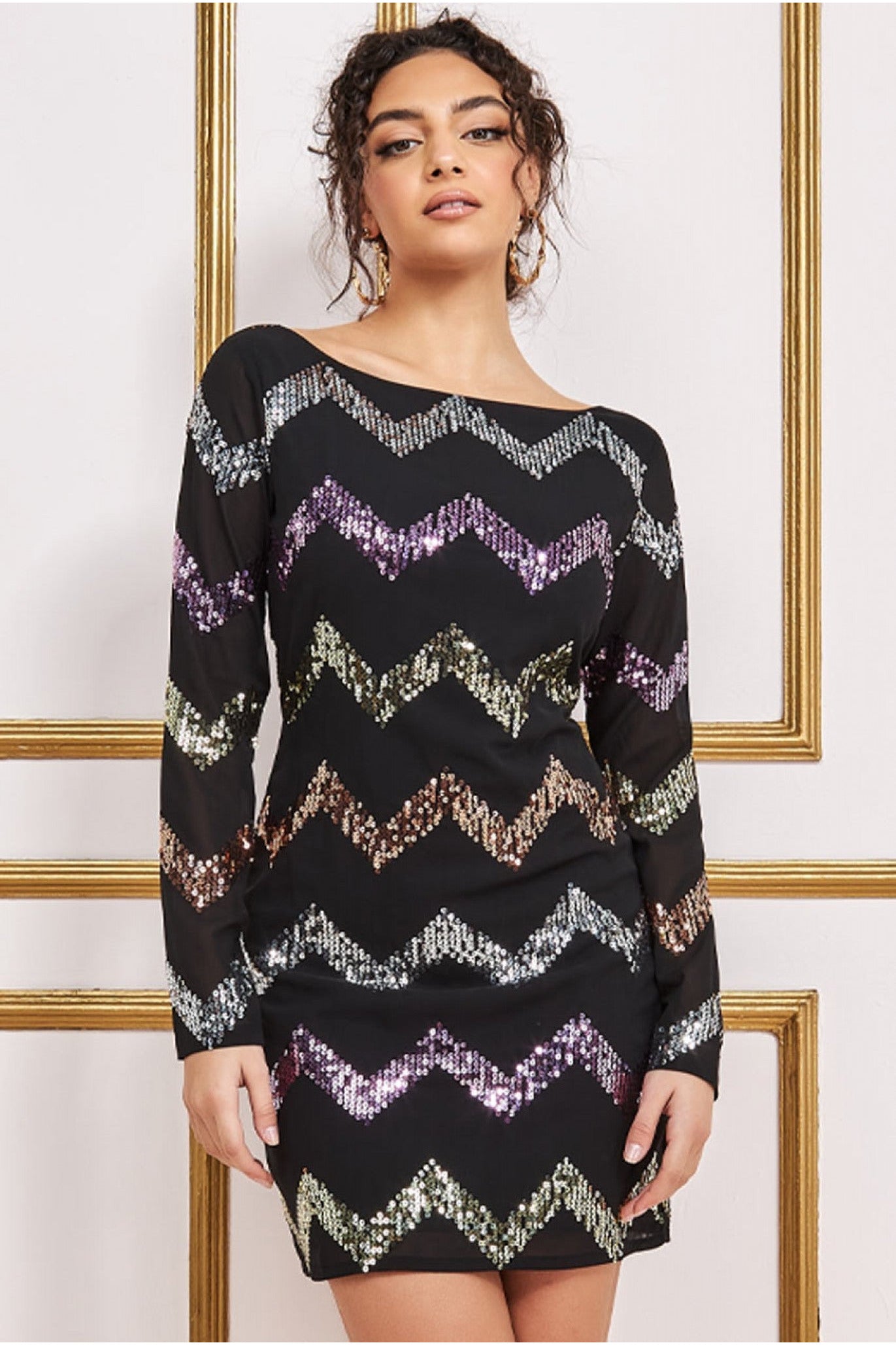 Goddiva Sequin Zig Zag Shift Mini Dress - Black