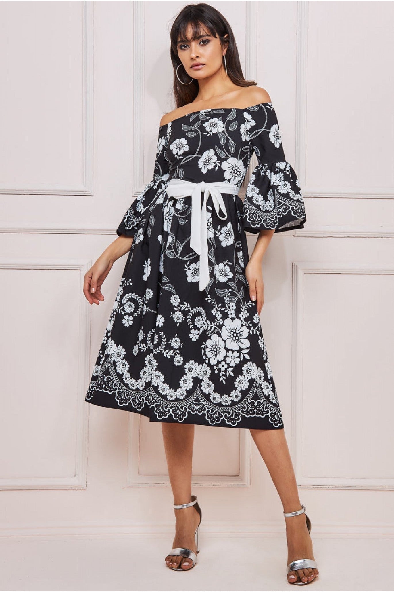 Image of Goddiva Printed Off The Shoulder Midi Dress - Black