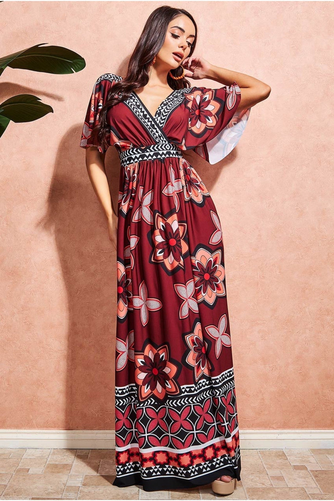 Goddiva Printed Flutter Sleeve Maxi Dress - Brown