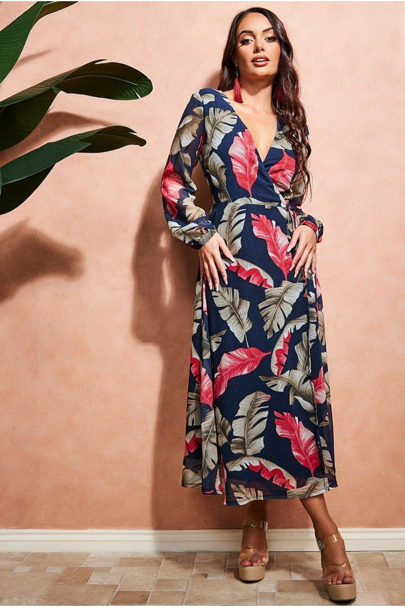 Image of City Goddess Printed Wrap Midi Dress - Navy