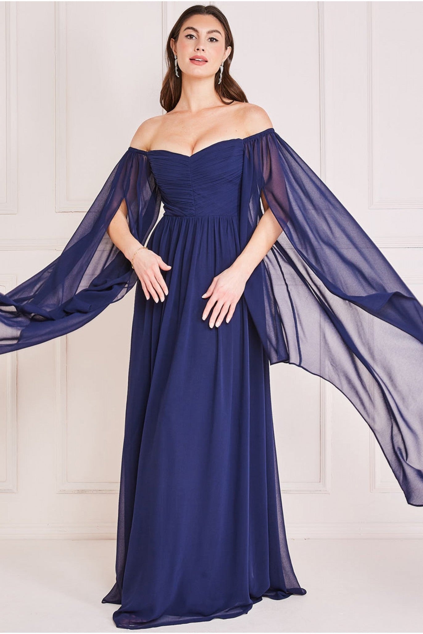 Goddiva Chiffon Off The Shoulder Maxi With Cape Sleeves  - Navy