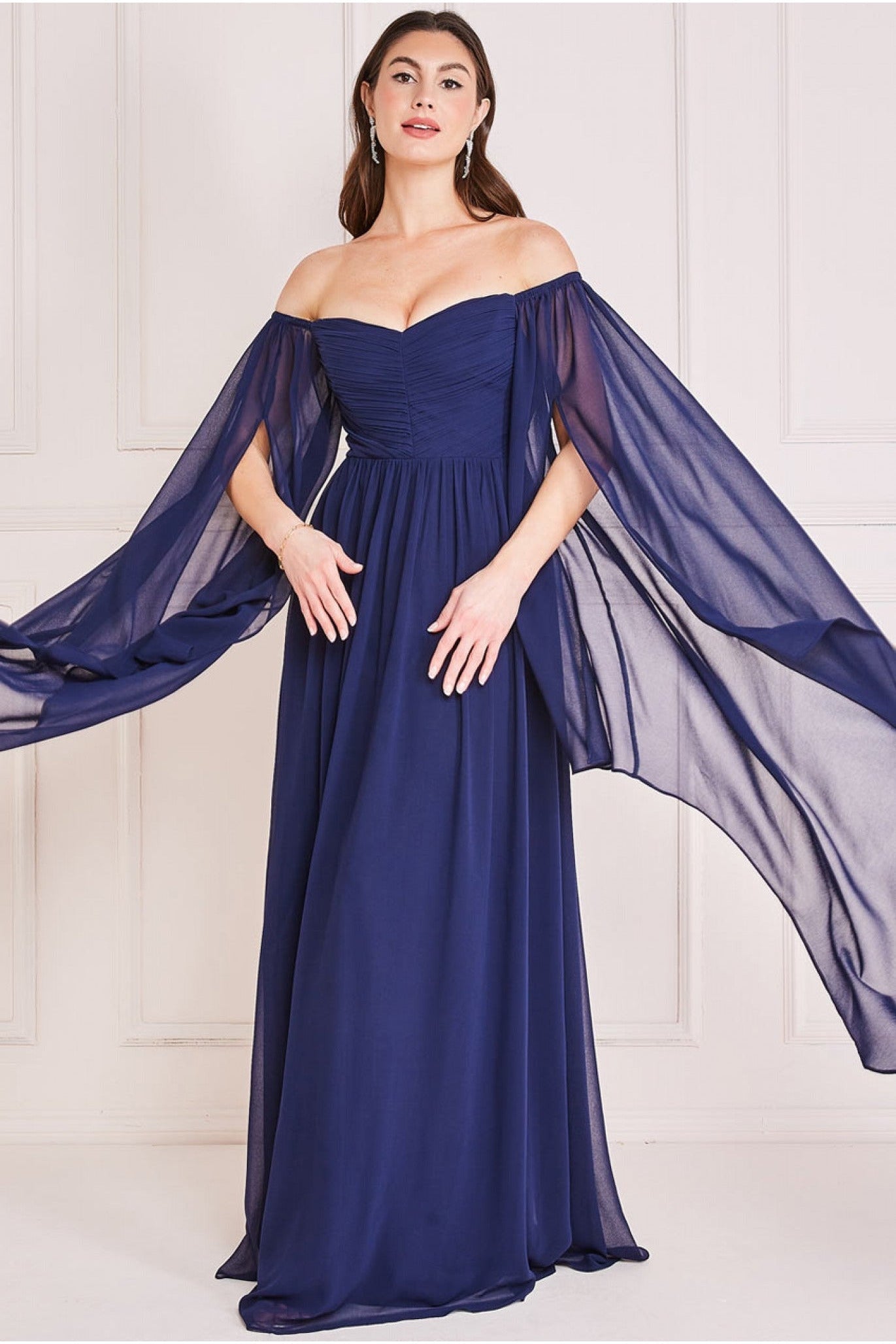 Goddiva Chiffon Off The Shoulder Maxi With Wings - Navy