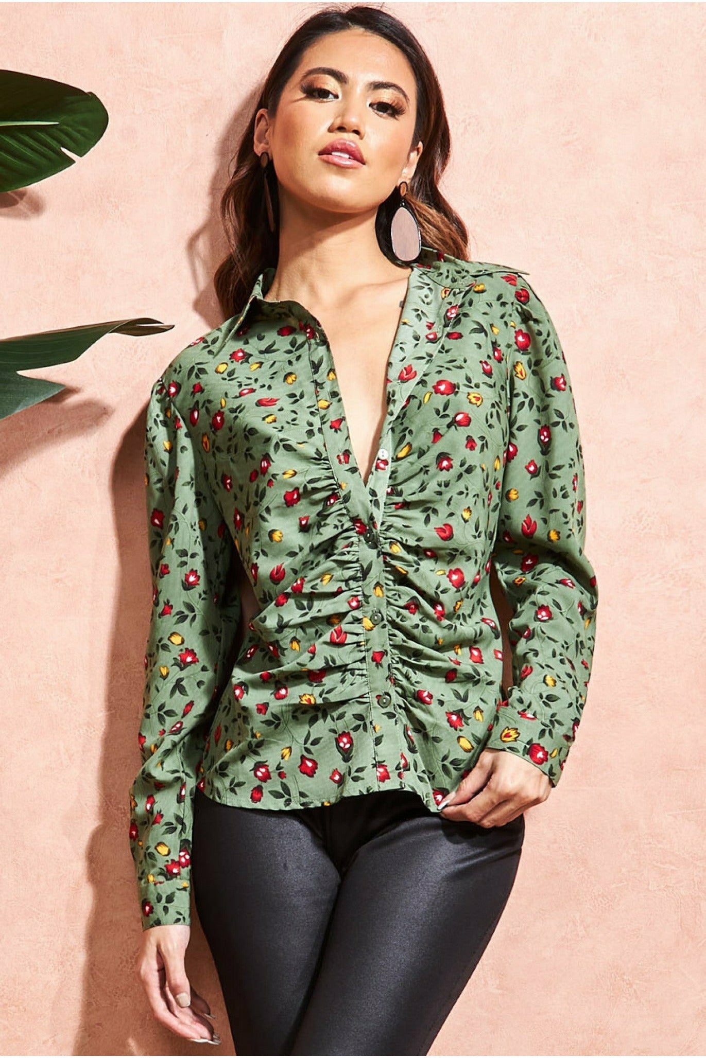 City Goddess Floral Print Shirt - Sagegreen