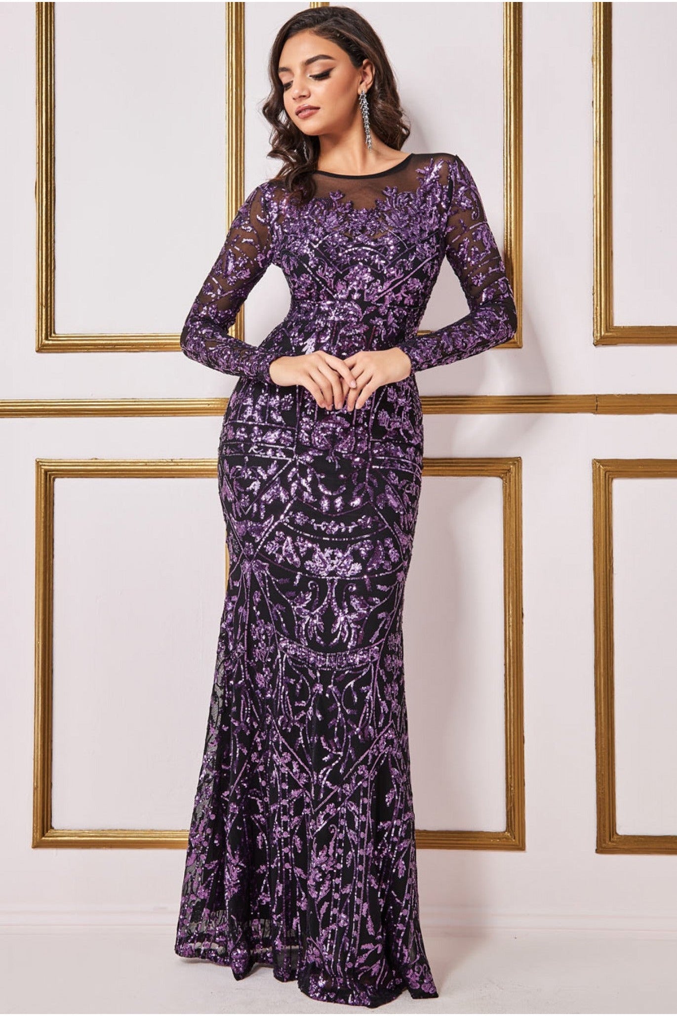 Image of Goddiva Sequin Mesh Embroidered Maxi Dress - Purple
