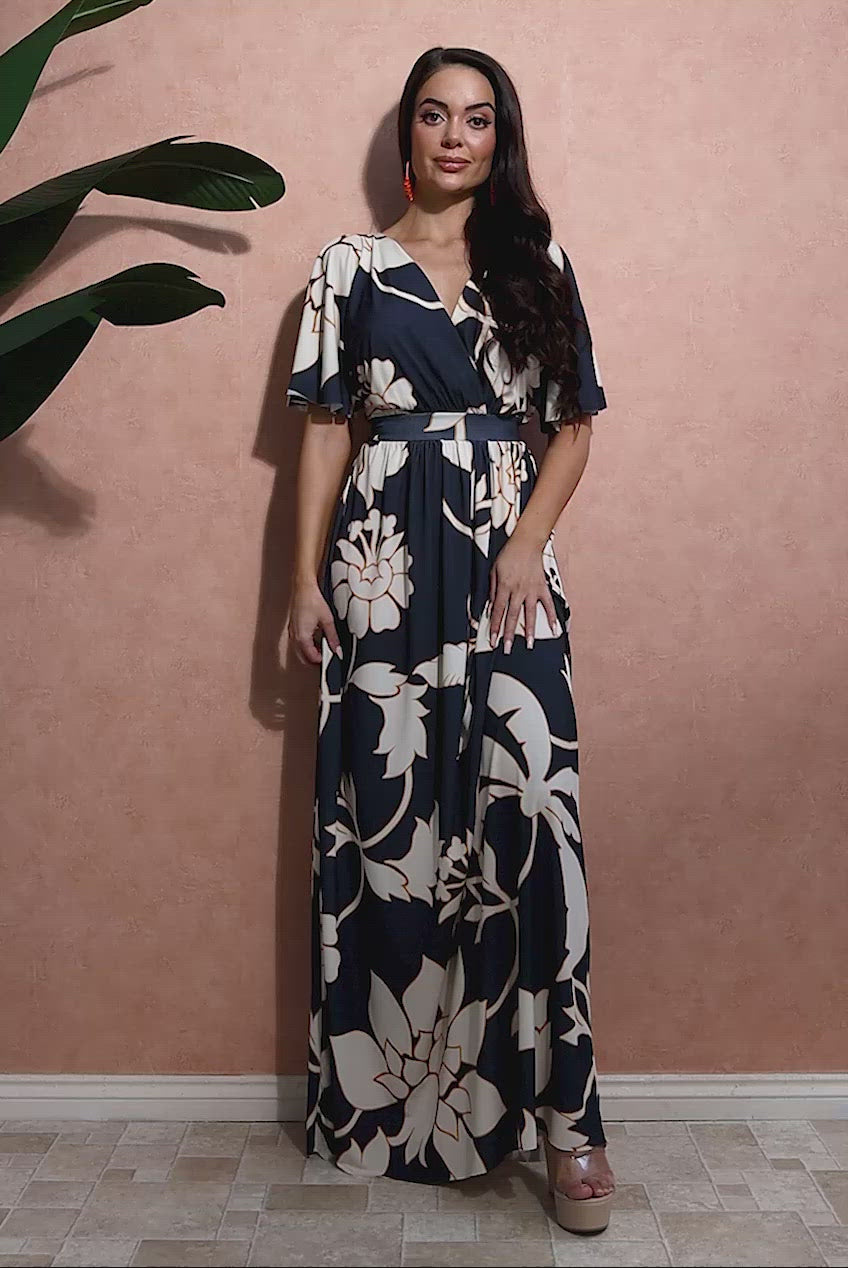 Goddiva Leaf Print Flutter Sleeve Maxi Dress - Navy