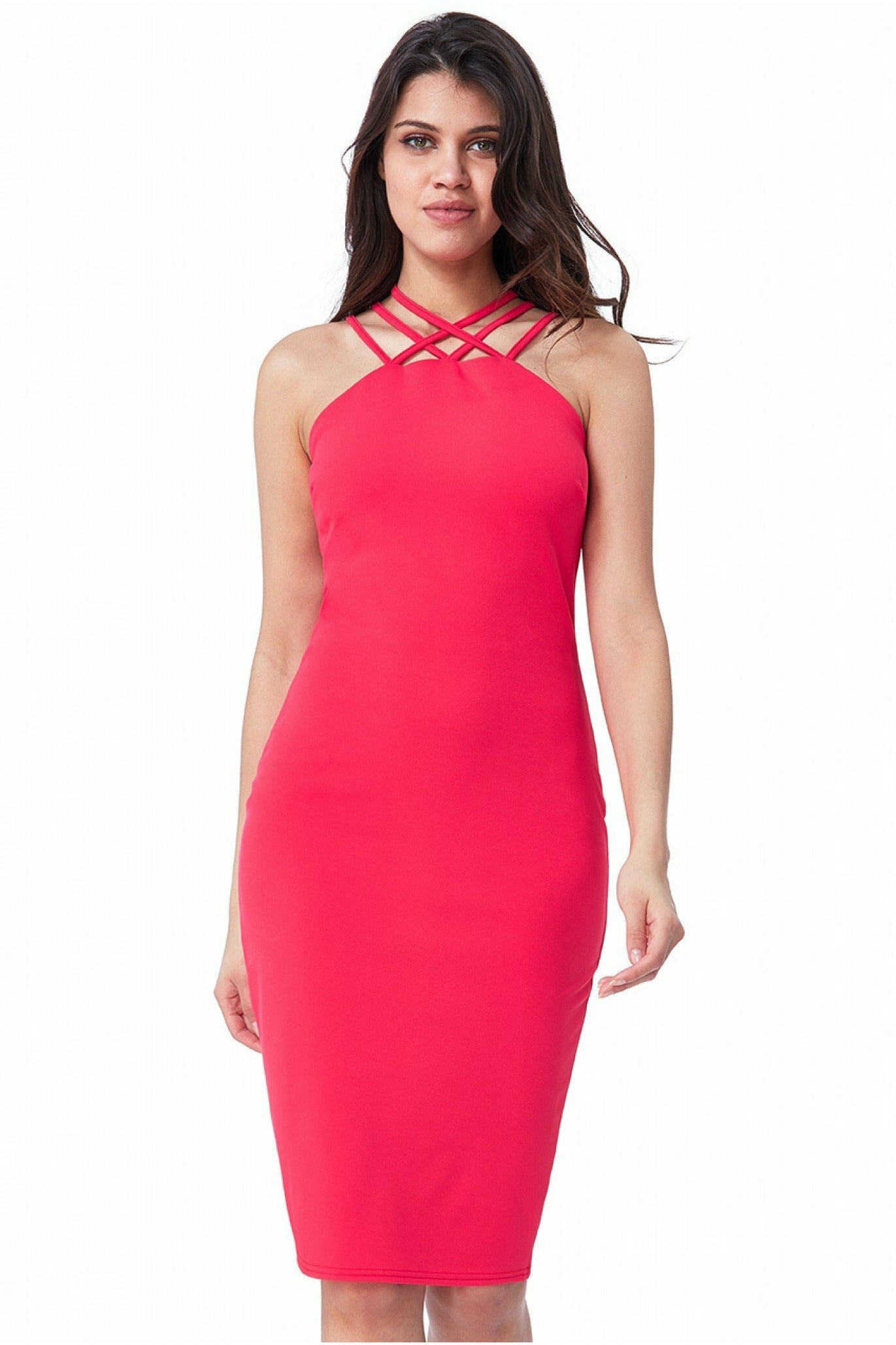 City Goddess Criss Cross Strap Halter Neck Midi - Hot Pink