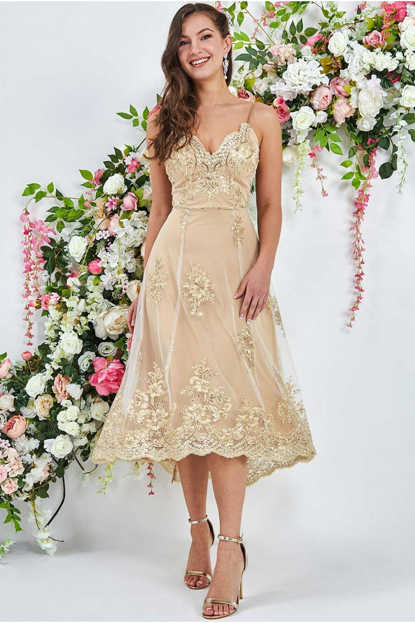 Image of Goddiva High Low Scalloped Midi Dress - Gold