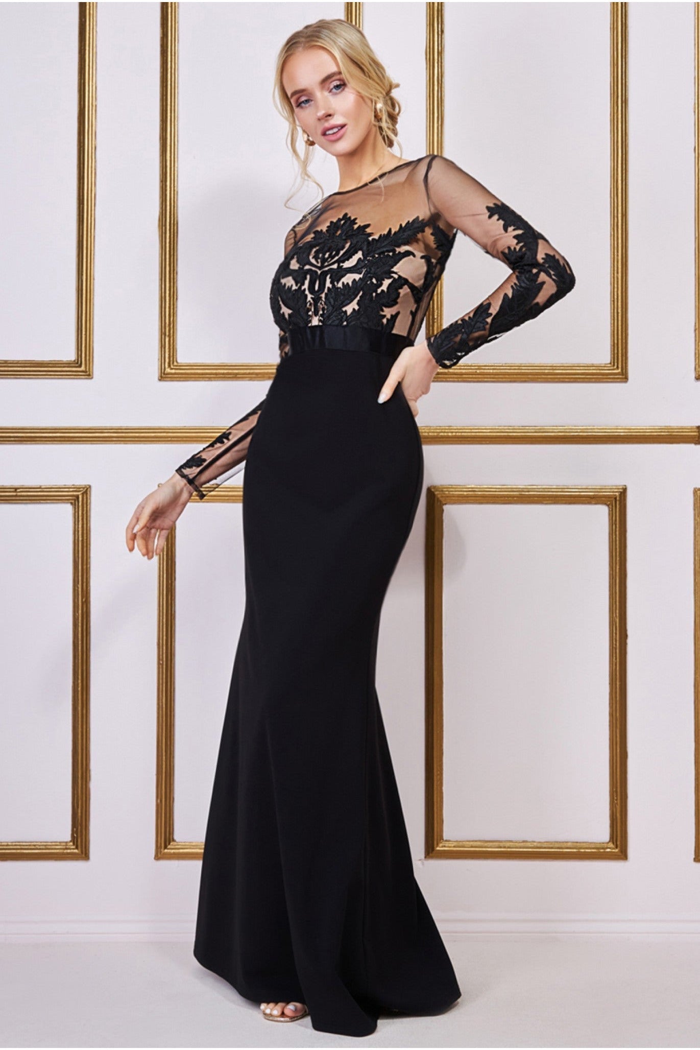 Image of Goddiva Embroidered Mesh & Scuba Maxi - Black