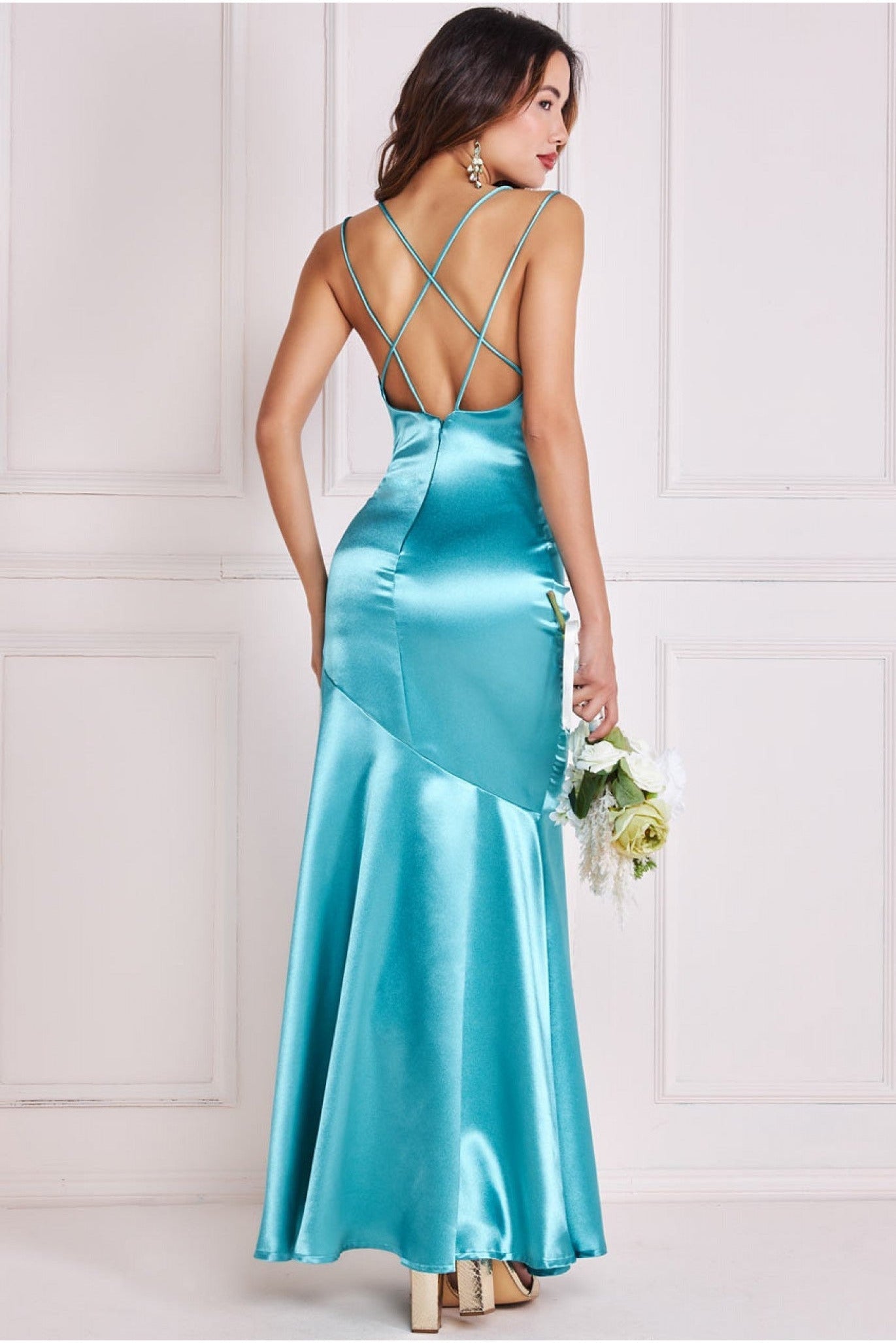 Goddiva Satin Cowl Neck With Strappy Back Maxi - Aqua