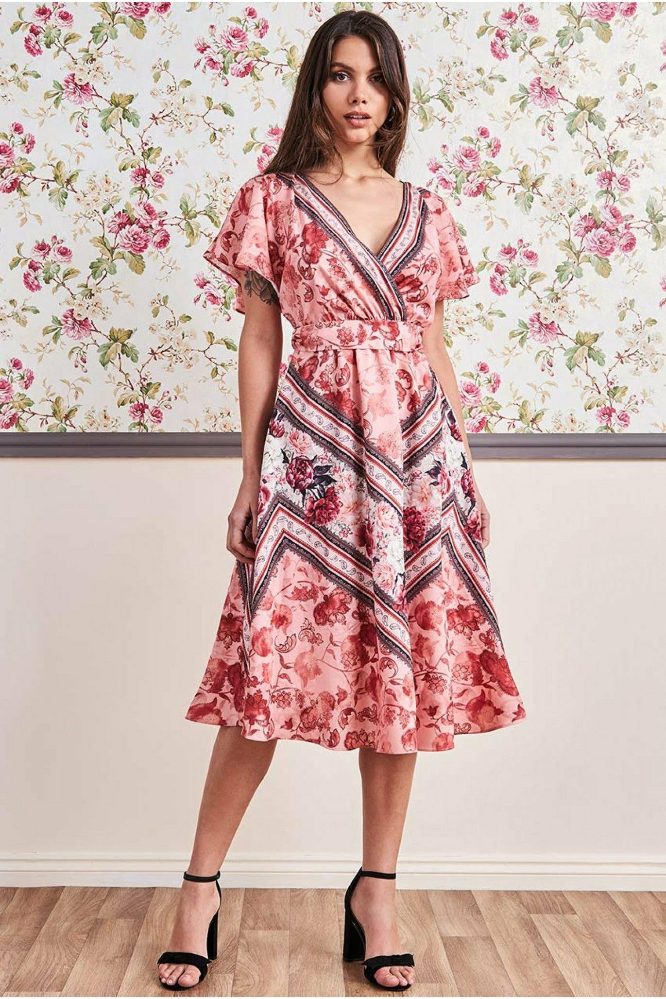 Image of Goddiva Flutter Sleeve Wrap Style Midi Dress - Peach