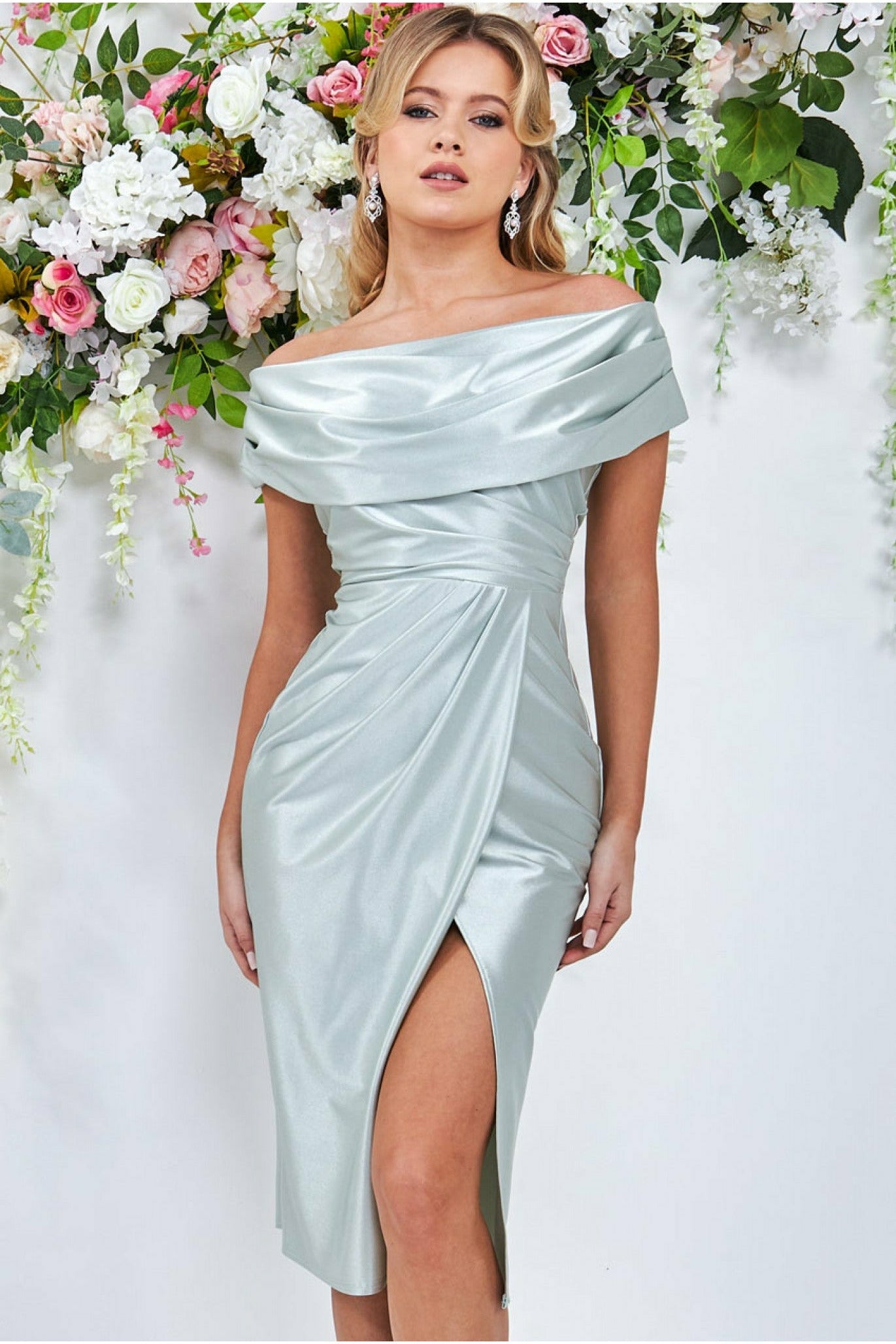 Image of Goddiva Cowl Neck Bardot Satin Midi Front Split - Sage Green