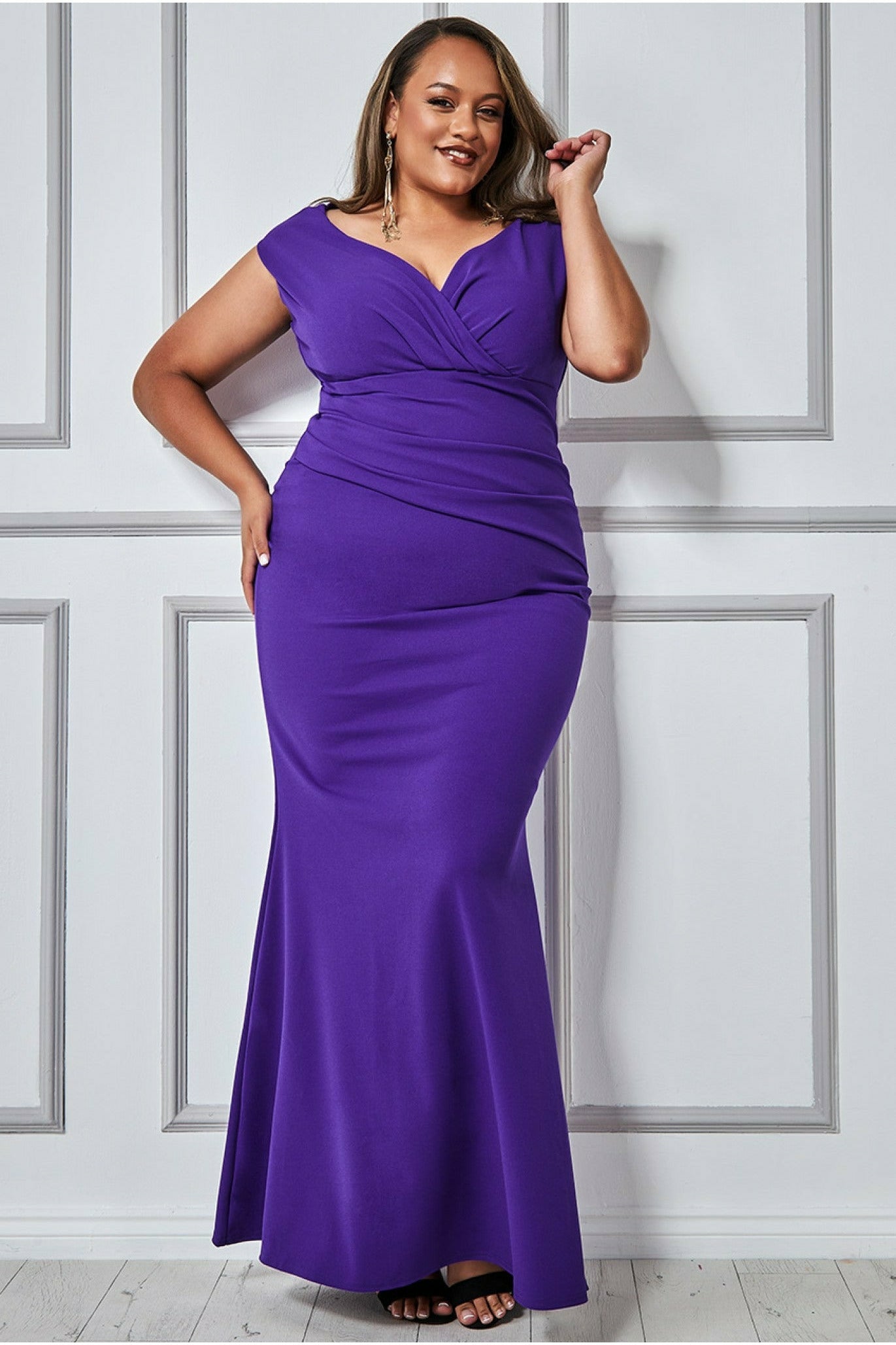 Image of Goddiva Plus Bardot Pleated Maxi Dress - Purple