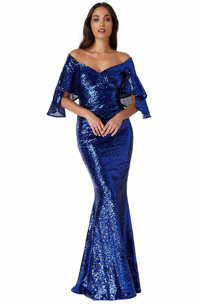 Goddiva Off The Shoulder Sequin Maxi Dress - Royalblue