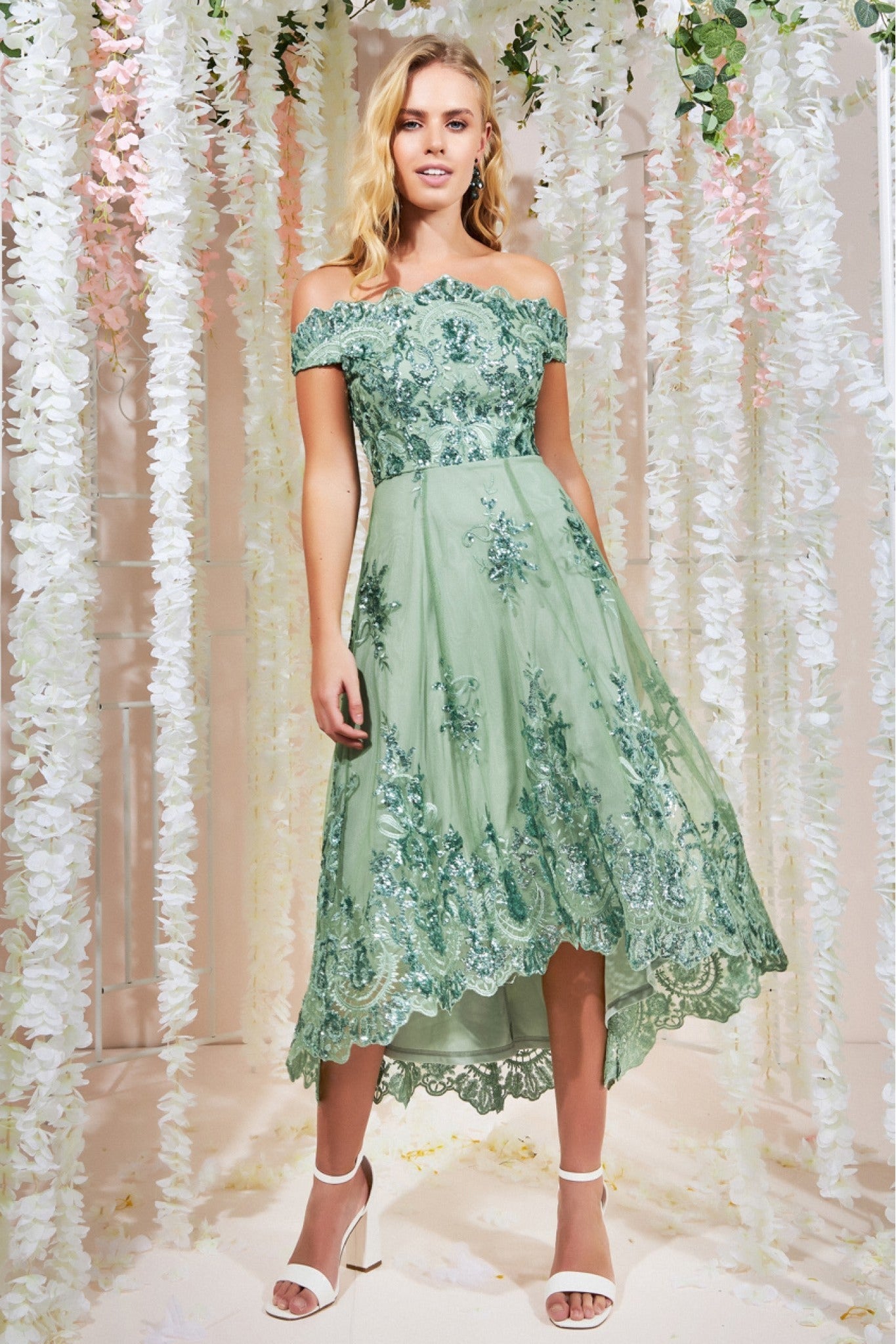 Image of Goddiva Bardot Sequin & Lace High Low Midi - Sage Green