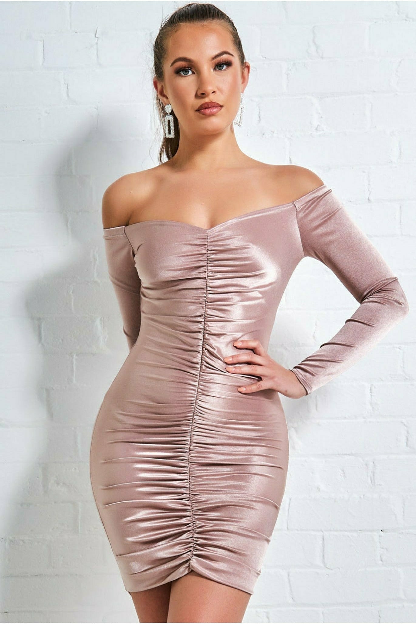 Image of Goddiva Off The Shoulder Ruched Mini - Champagne