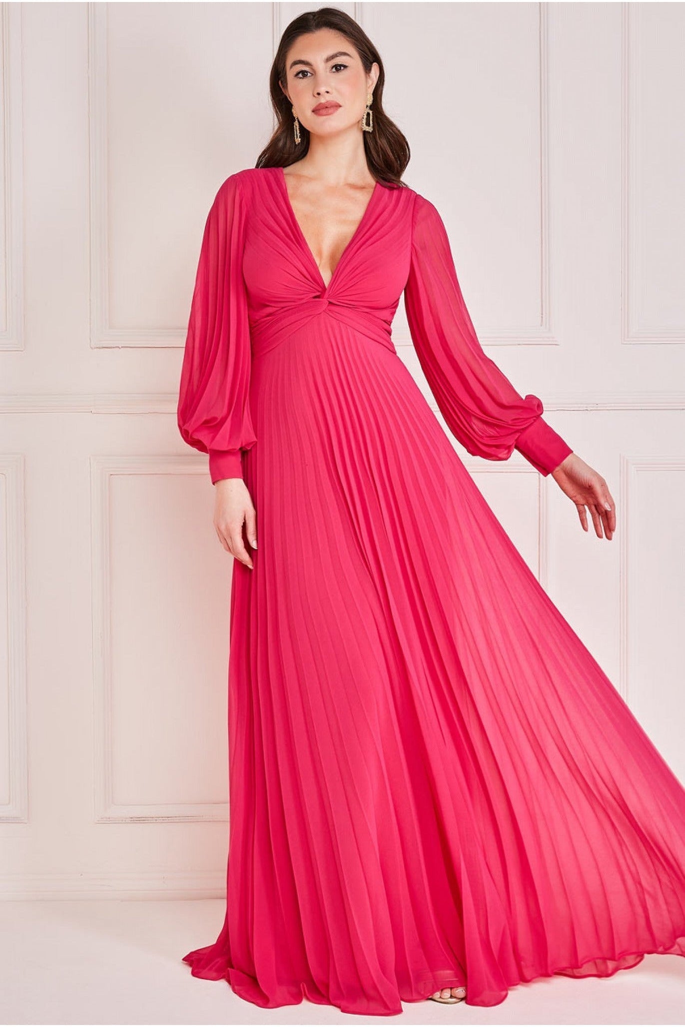 Goddiva Fully Pleated Chiffon Maxi Dress - Hot Pink