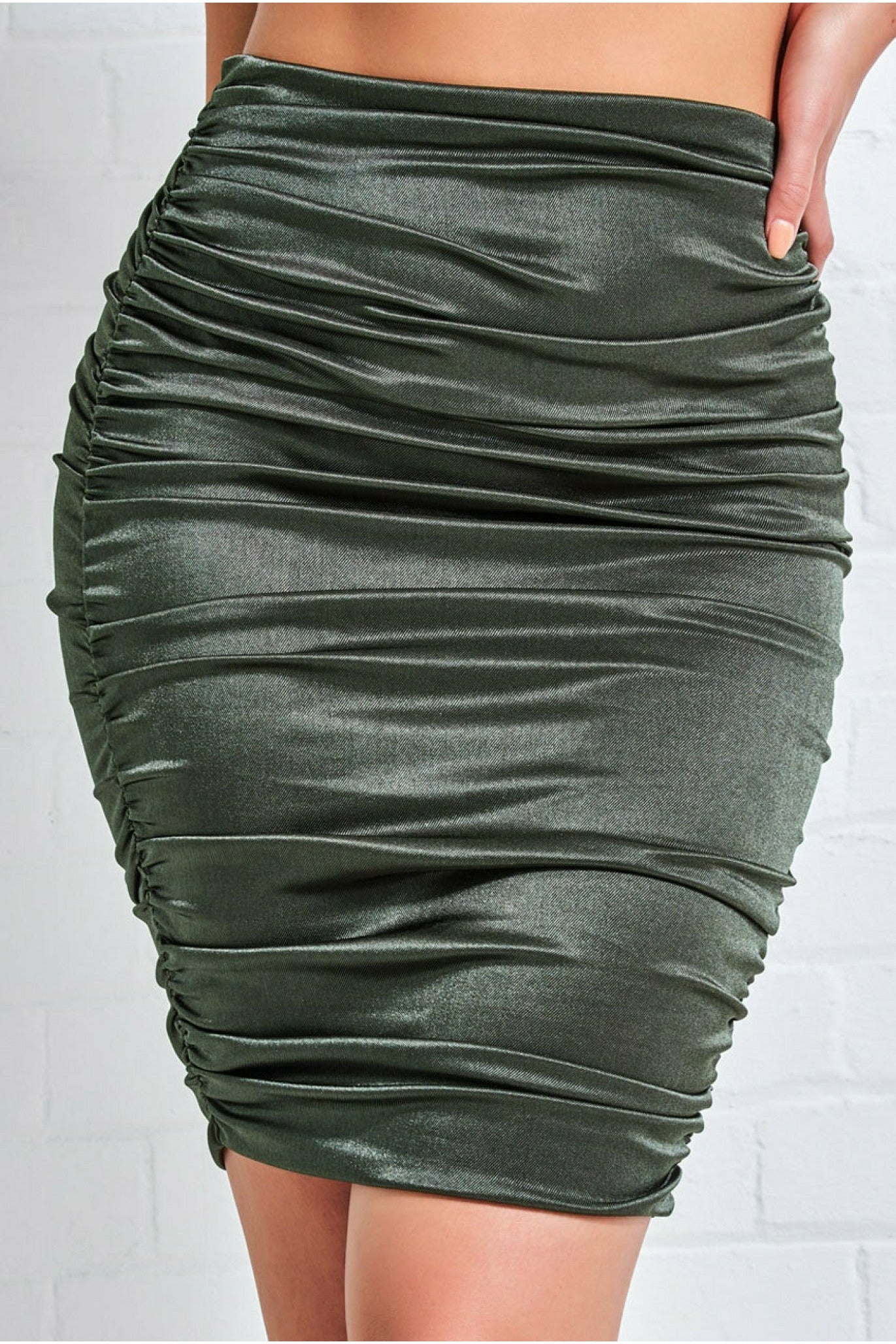 Image of Goddiva Ruched Satin Mini Skirt - Khaki