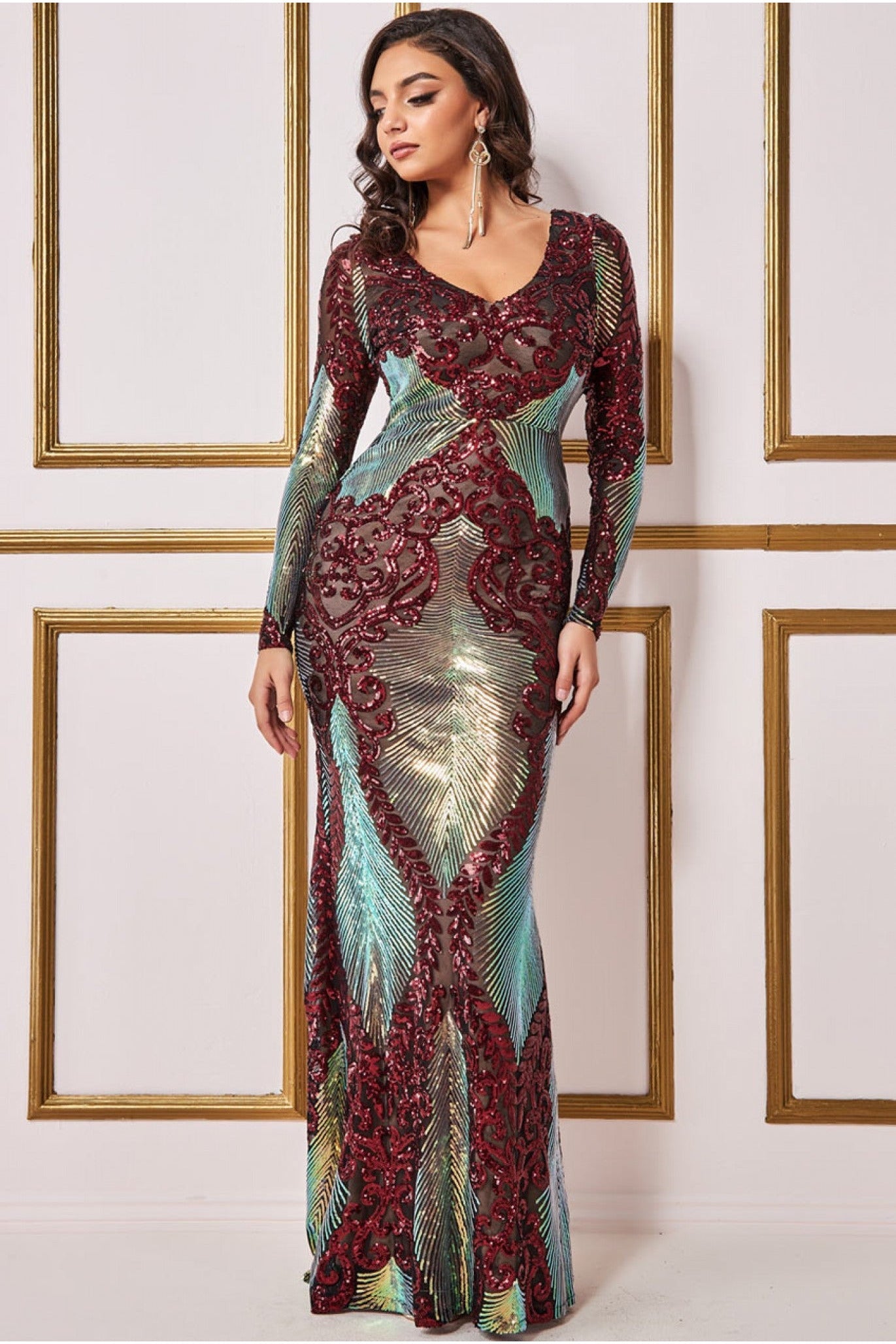 Goddiva Contrast Sequin Long Sleeve Maxi Dress - Wine