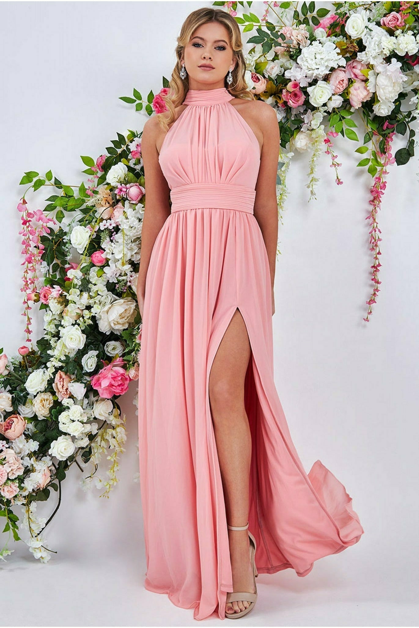 Image of Goddiva Halterneck Chiffon Maxi With Thigh Split - Peach