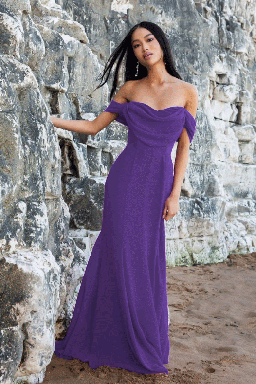 Goddiva Chiffon Bardot Cowl Neck Maxi Dress - Purple