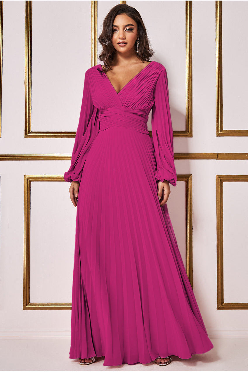 Goddiva Balloon Sleeve Chiffon Maxi Dress - Magenta