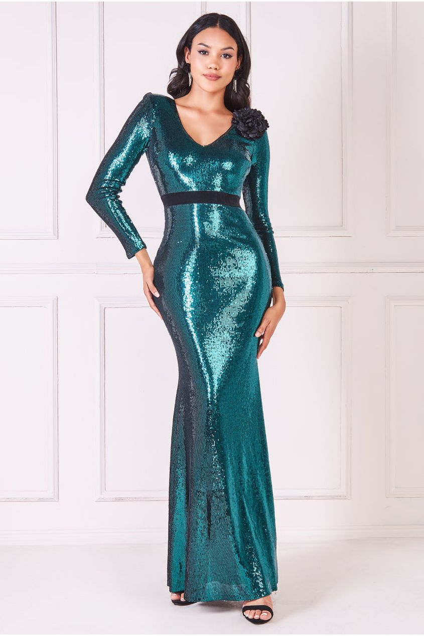 Goddiva Liquid Sequin Corsage Maxi - Emerald