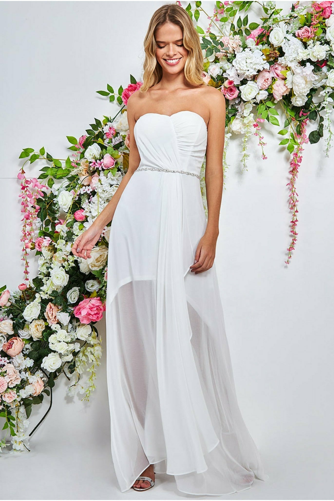 Goddiva Bardot Chiffon Wedding Dress With Belt - White