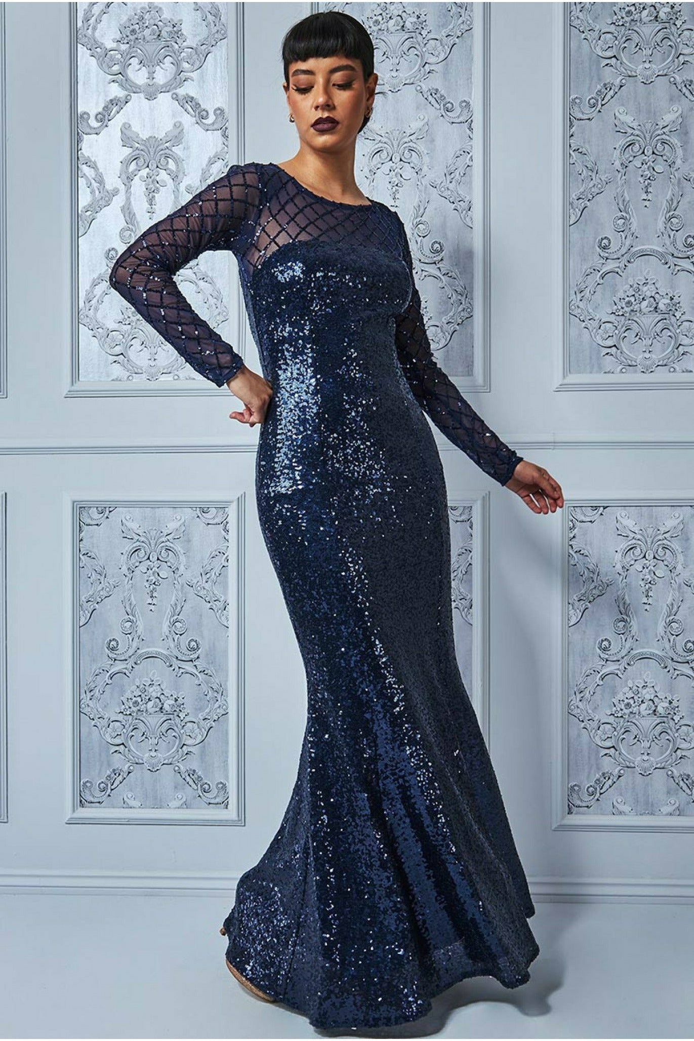 Goddiva Sheer Diamond Design Sequin Maxi Dress - Navy