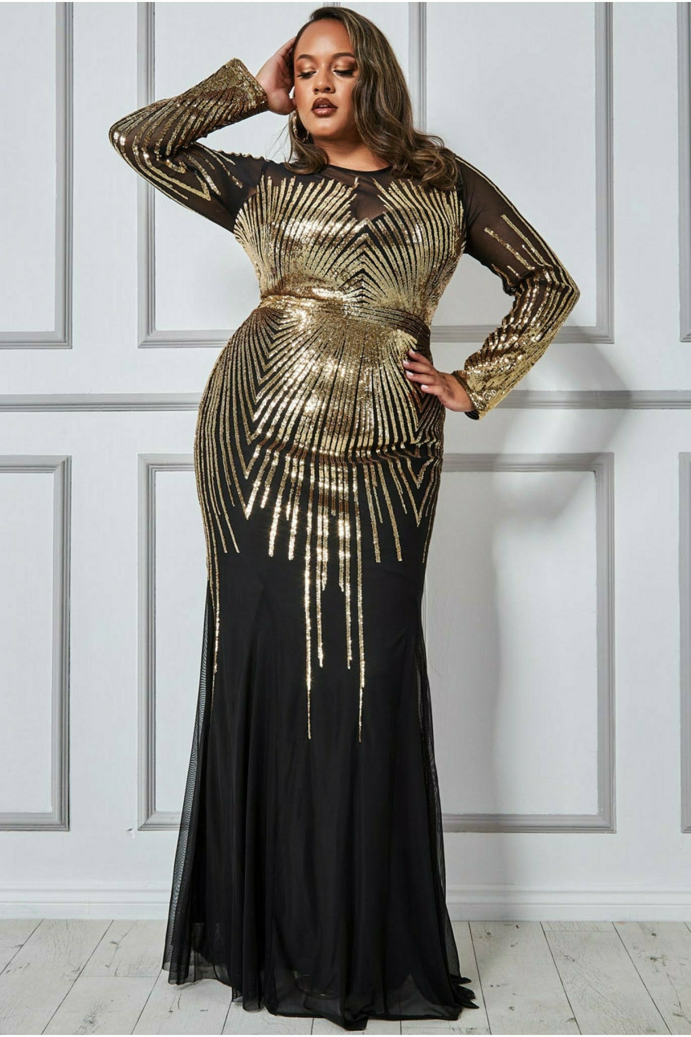 Goddiva Plus Shooting Star Sequin Maxi Dress - Gold