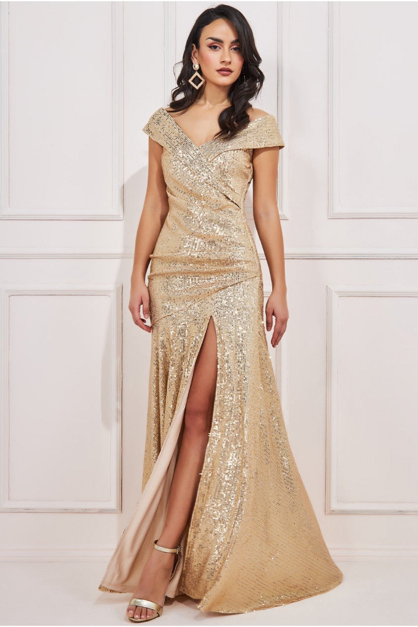 Goddiva Bardot Sequin Pleated Maxi Dress - Gold