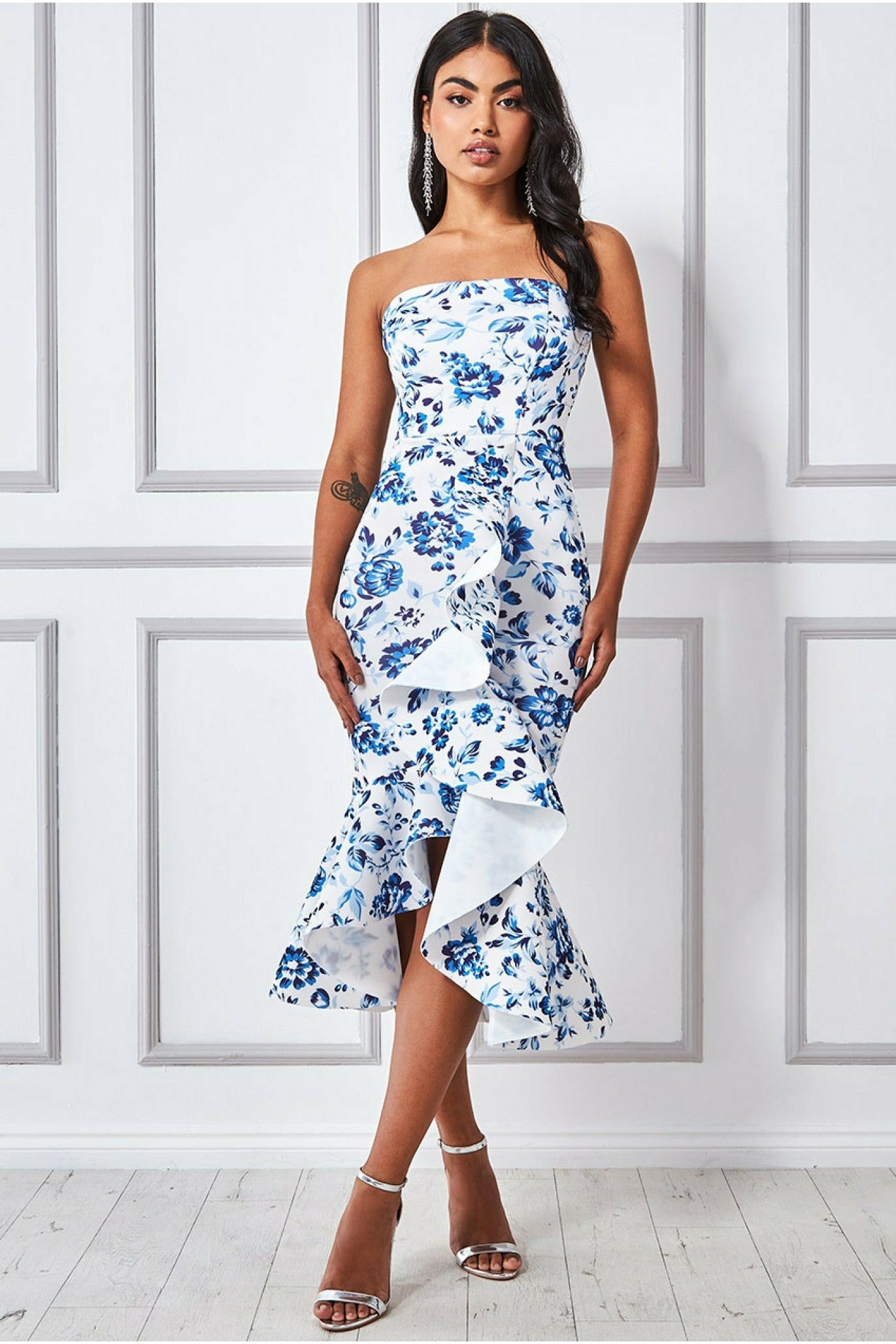 Image of Goddiva Bow Bandeau Midi With Ruffles - Blue Print