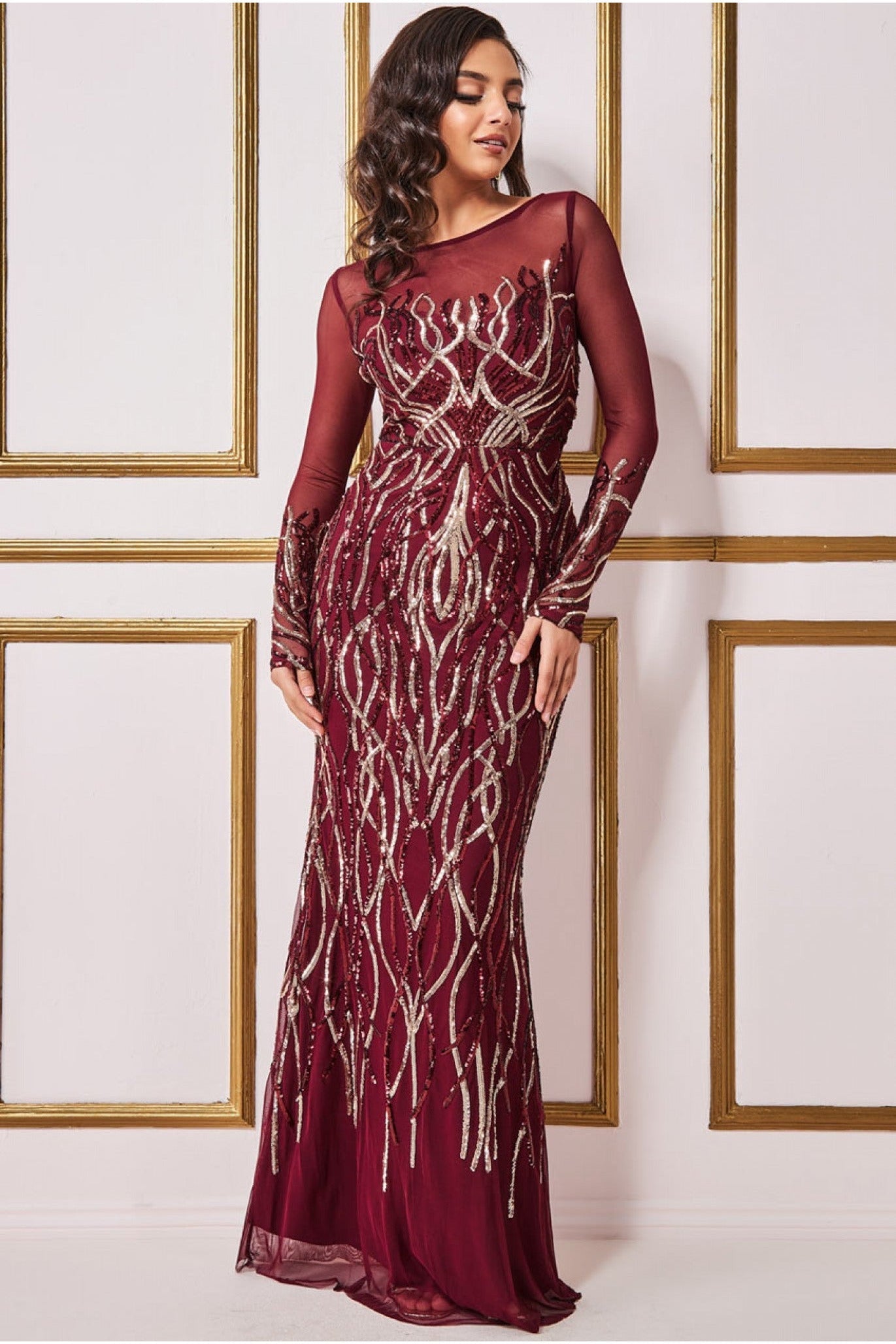 Image of Goddiva Long Sleeve Sequin Flame Maxi Dress - Wine