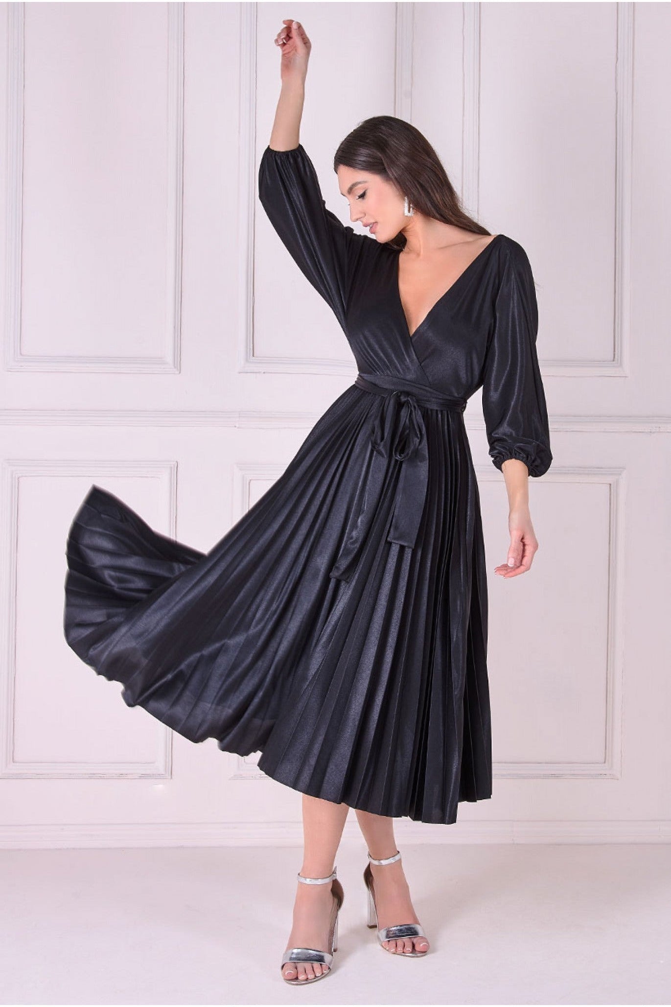 Goddiva Satin Pleated Skirt Wrap Midi Dress - Black