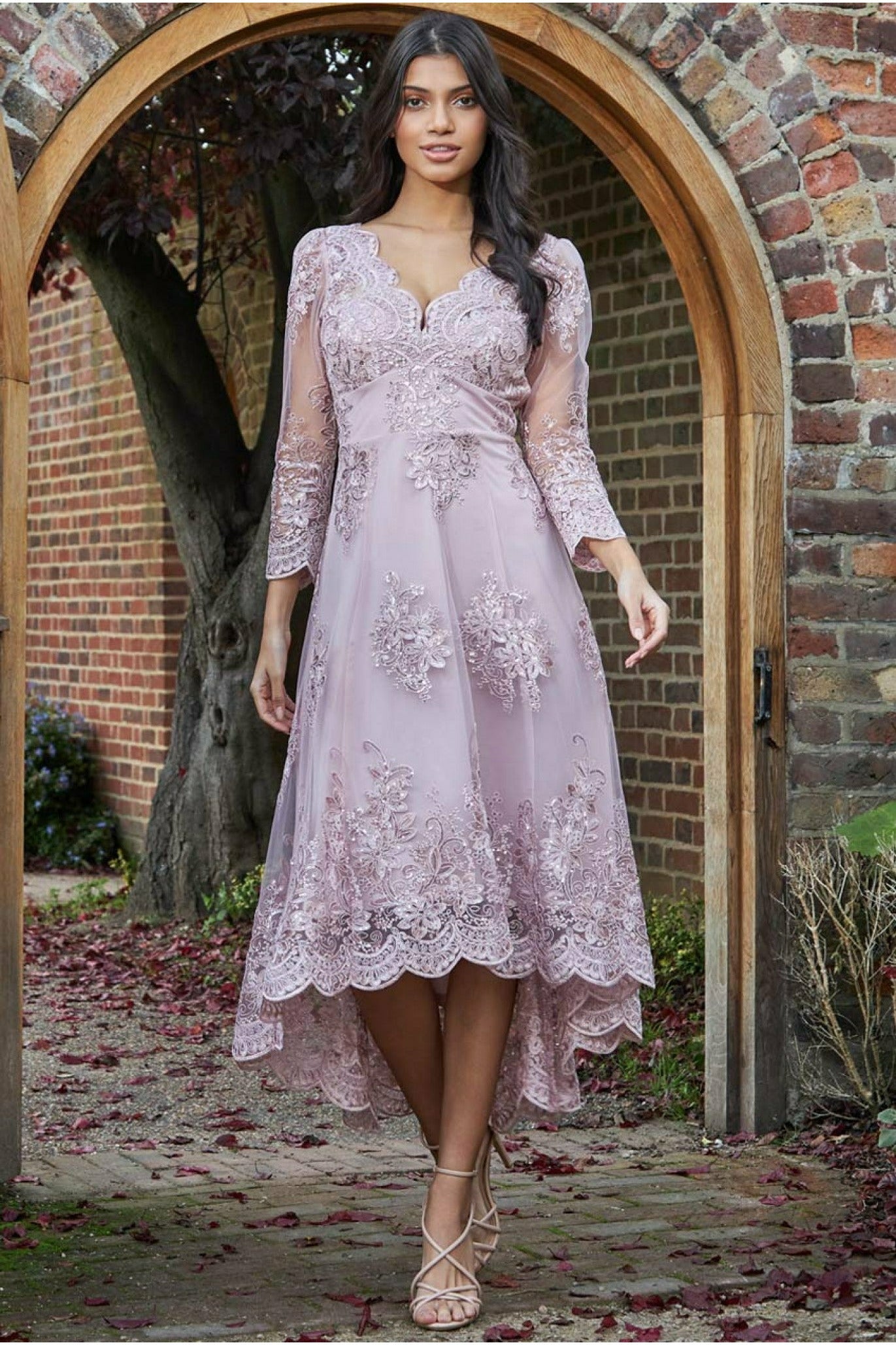 Goddiva Scalloped Lace High Low Midi Dress - Blush product