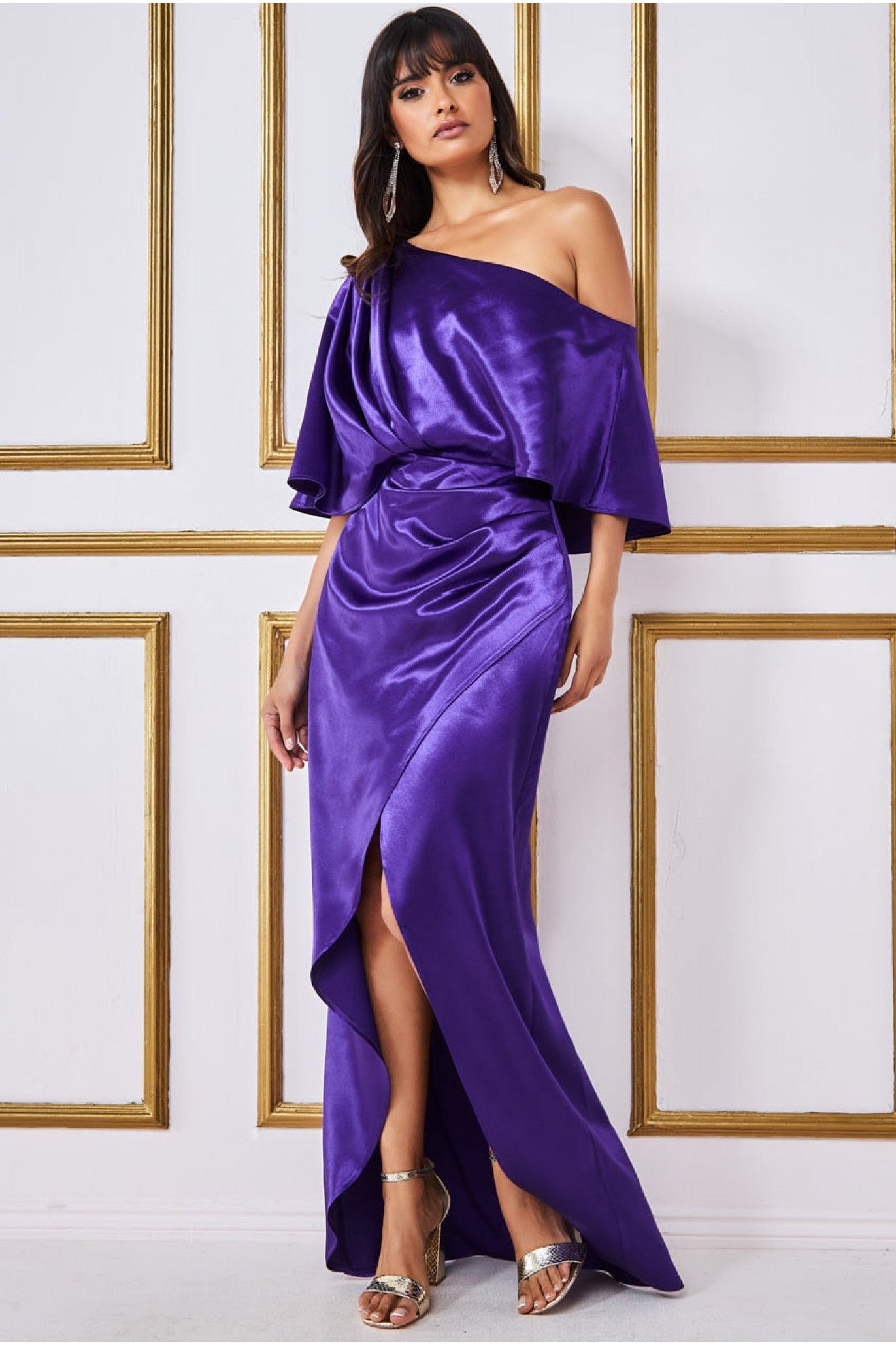 Goddiva Satin Drape Shoulder Wrap Maxi Dress - Purple