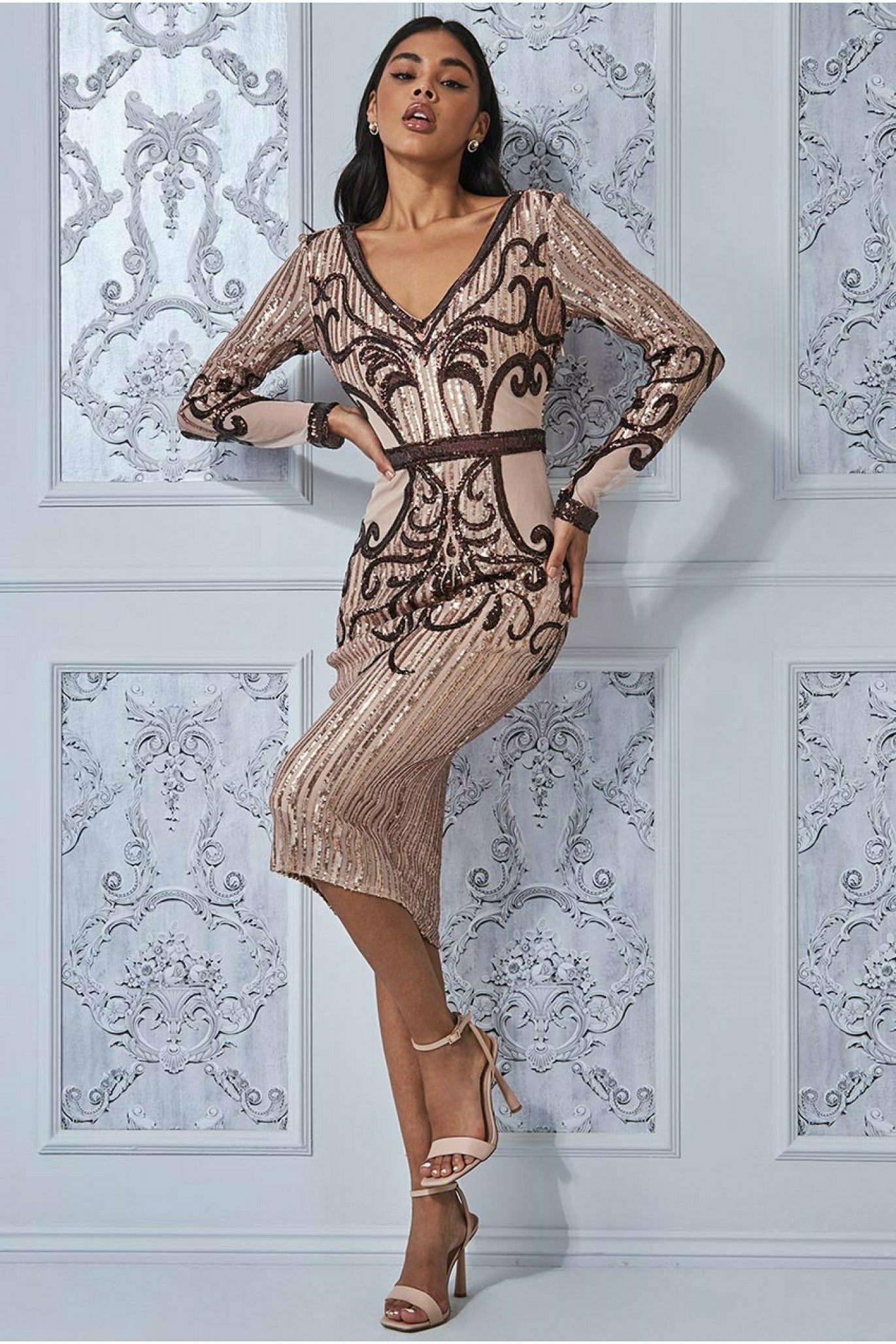 Goddiva Sequin & Mesh Embroidered Midi - Champagne