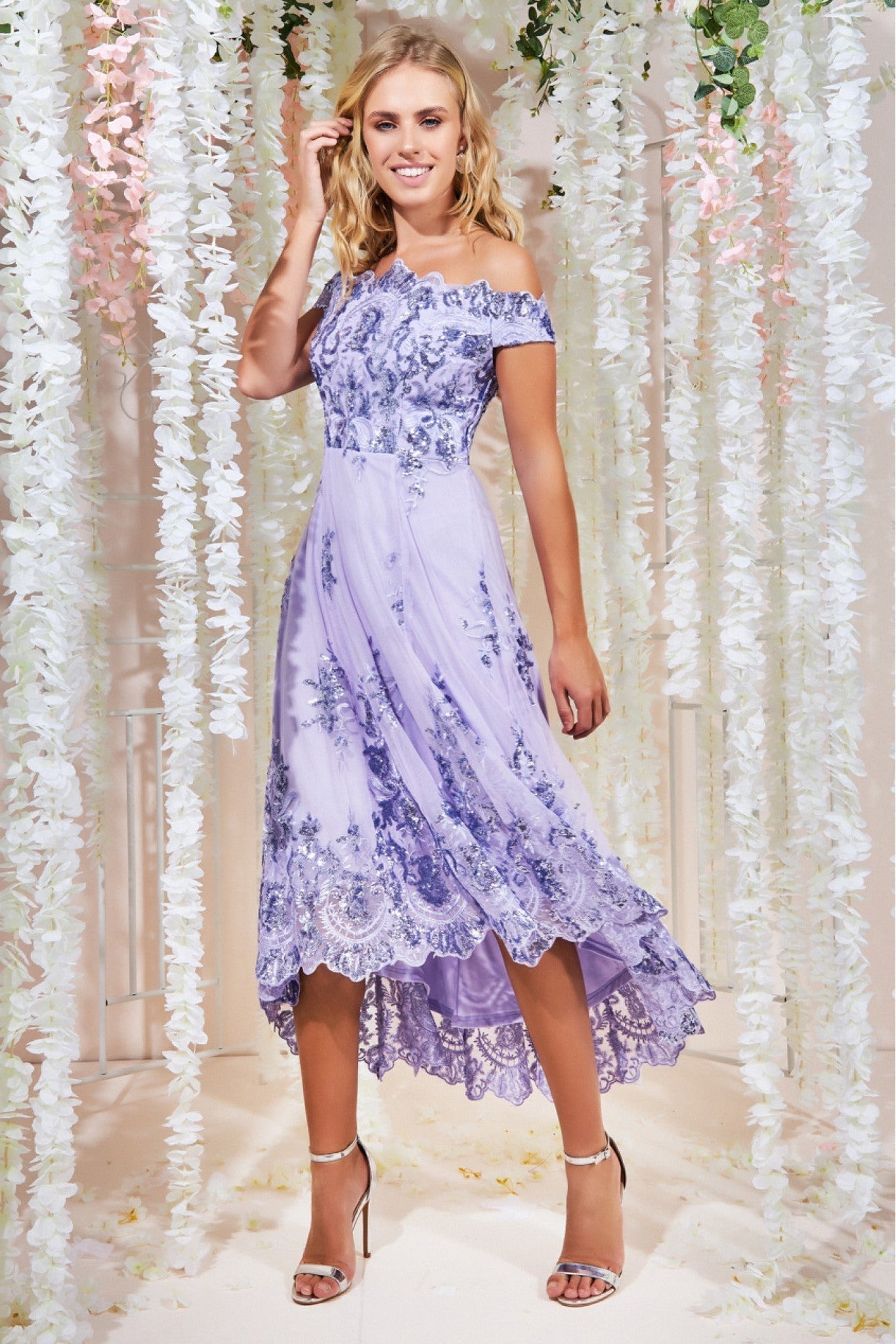 Goddiva Bardot Sequin & Lace High Low Midi - Lilac